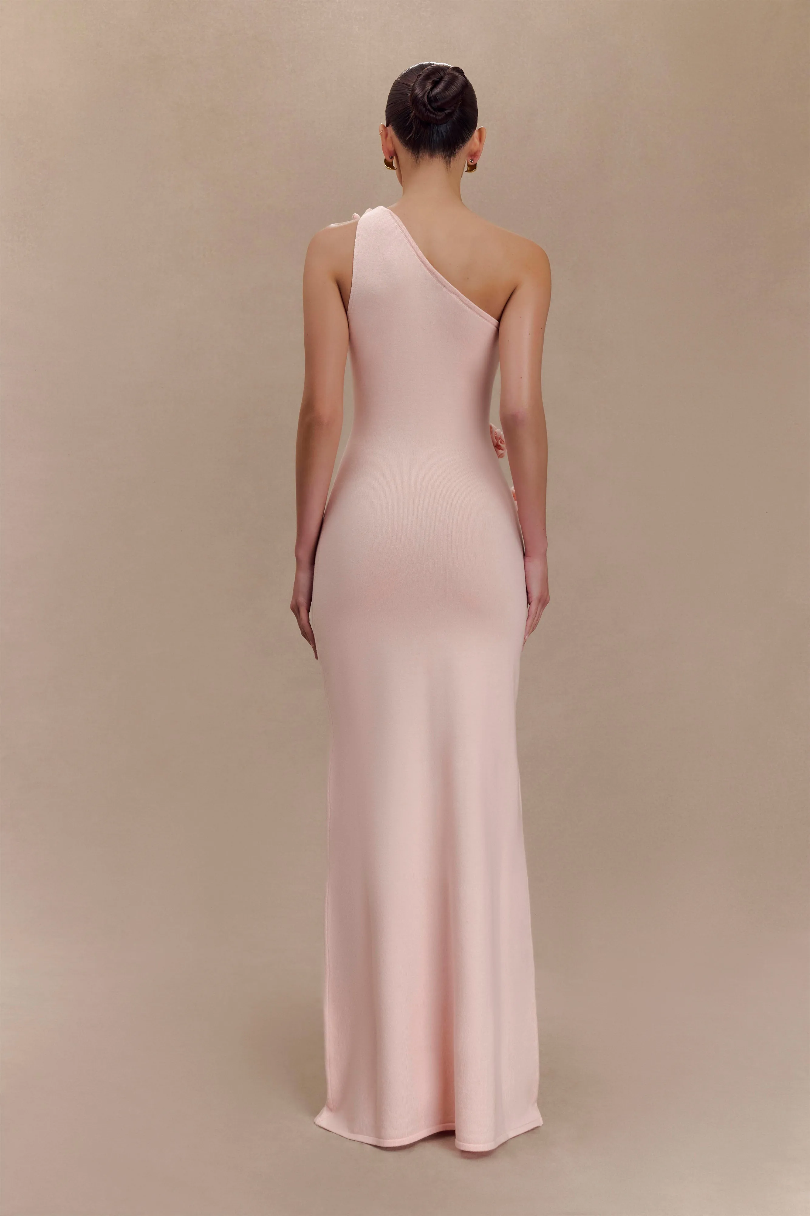 Paloma One Shoulder Knit Maxi Dress With Flowers - Baby Pink Seasonal Must-Have