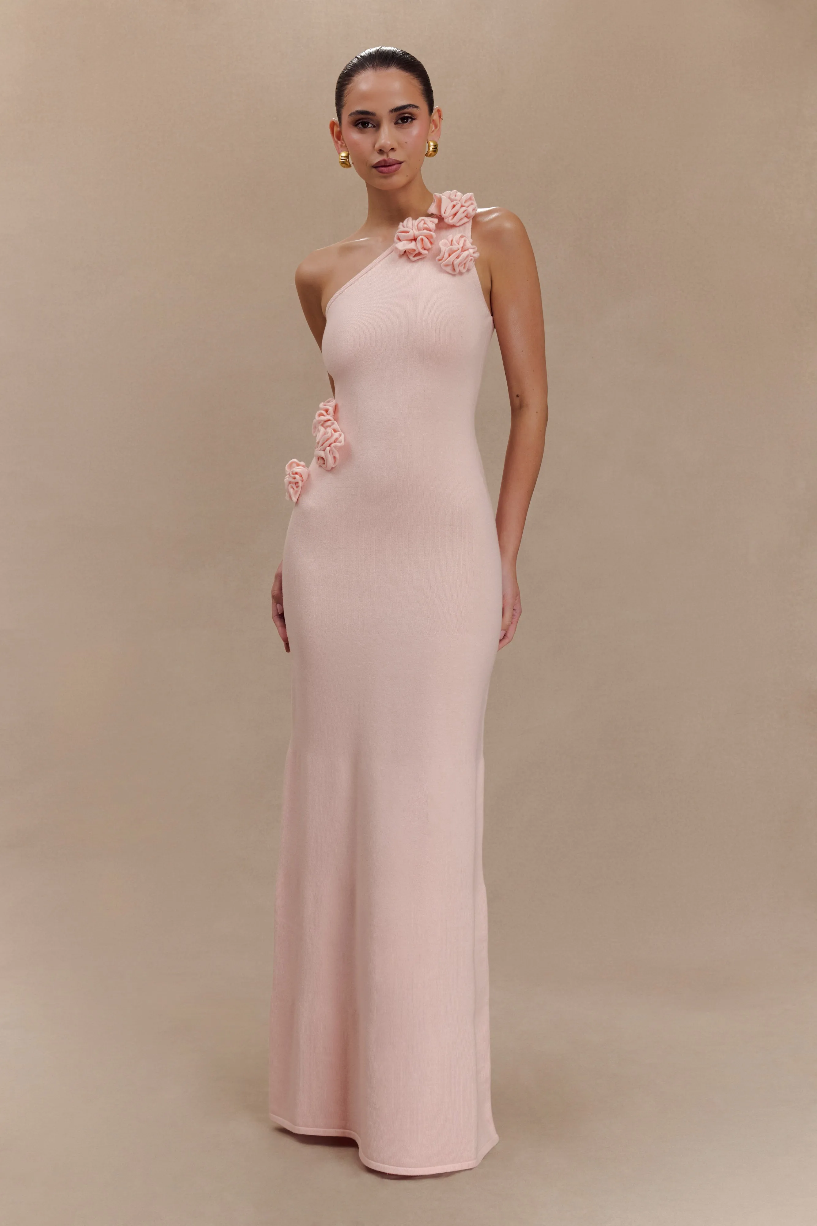 Paloma One Shoulder Knit Maxi Dress With Flowers - Baby Pink Timeless Piece Chic Spirit