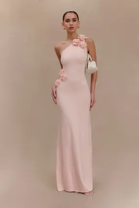 Paloma One Shoulder Knit Maxi Dress With Flowers - Baby Pink Casual and Comfy