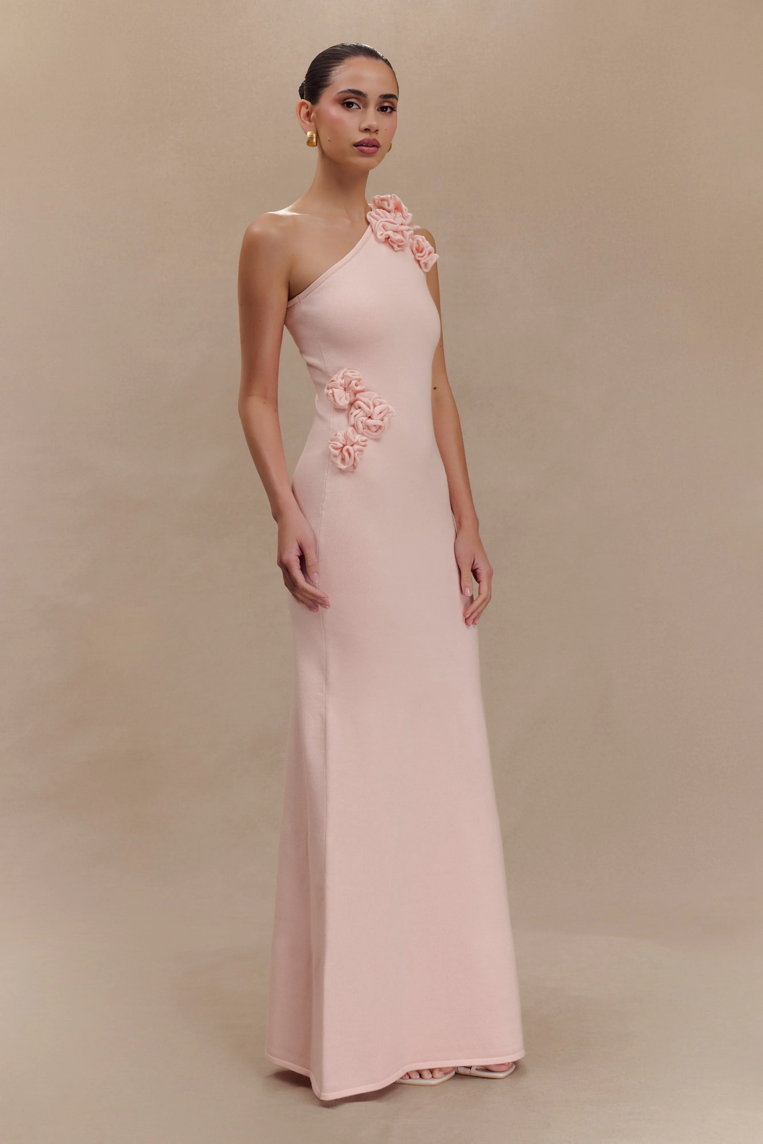 Paloma One Shoulder Knit Maxi Dress With Flowers - Baby Pink Snap-Closure