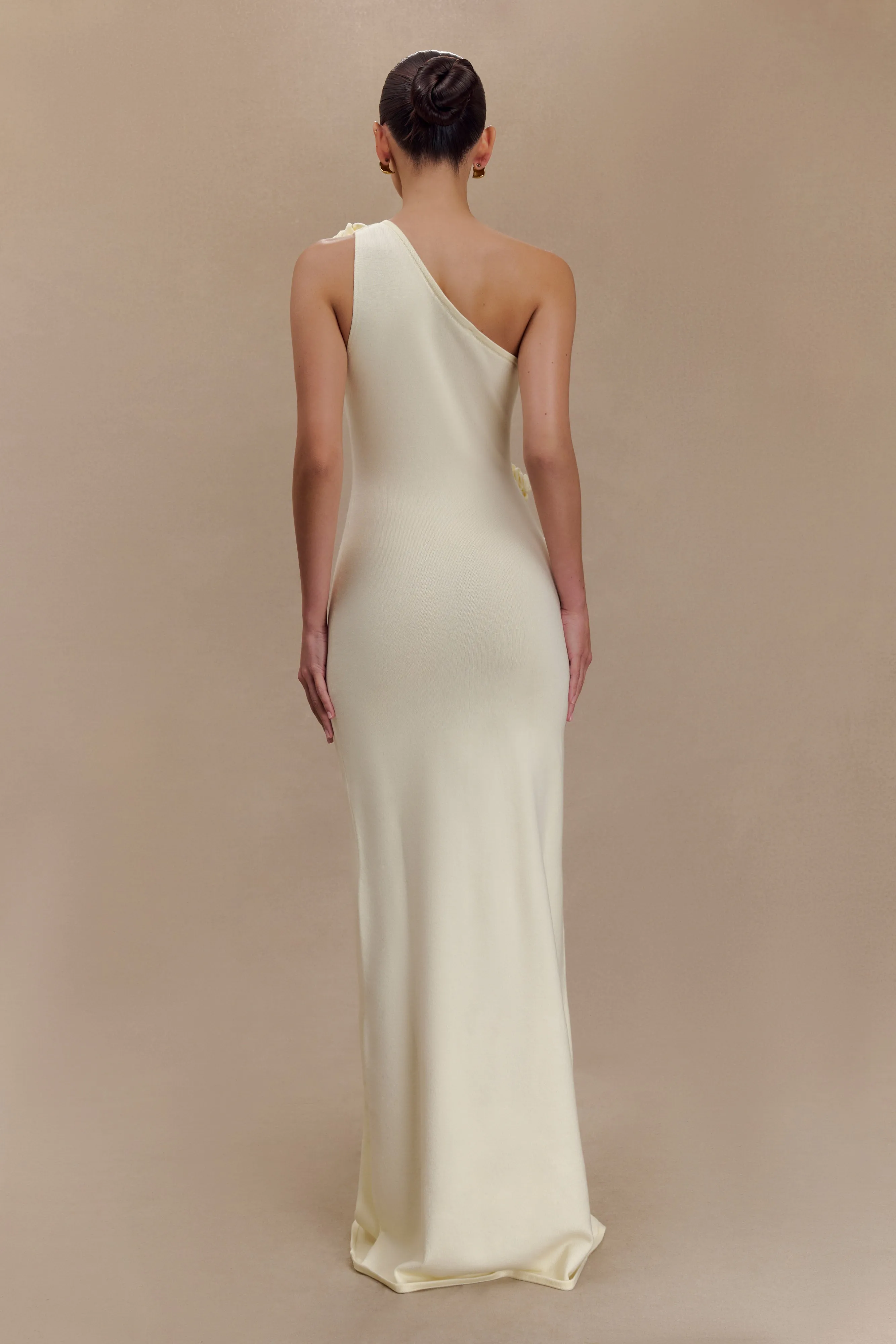 Lace Fine Office Layer Paloma One Shoulder Knit Maxi Dress With Flowers - Ivory