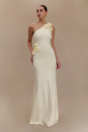 Front-Pocket Paloma One Shoulder Knit Maxi Dress With Flowers - Ivory