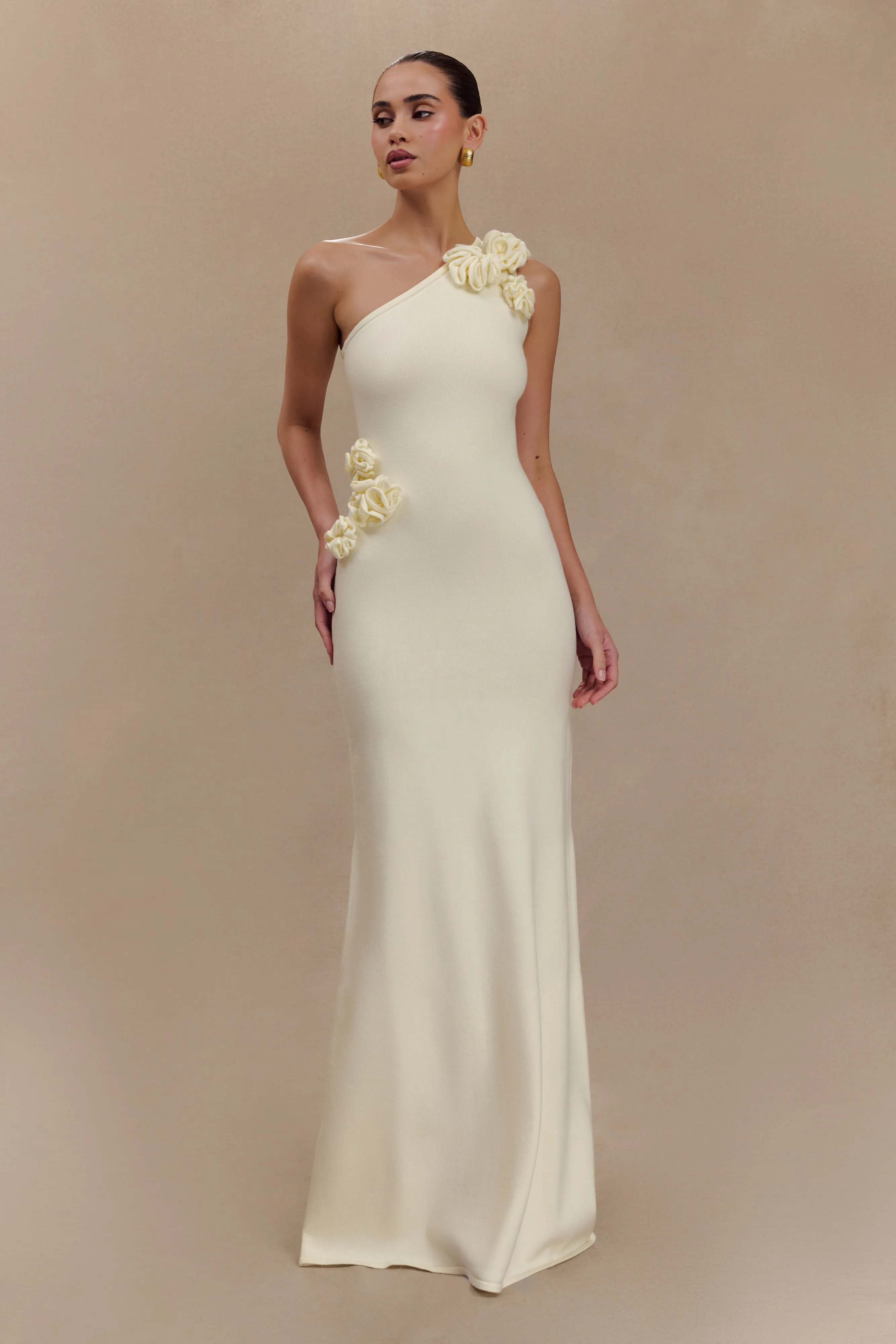 Front-Pocket Paloma One Shoulder Knit Maxi Dress With Flowers - Ivory