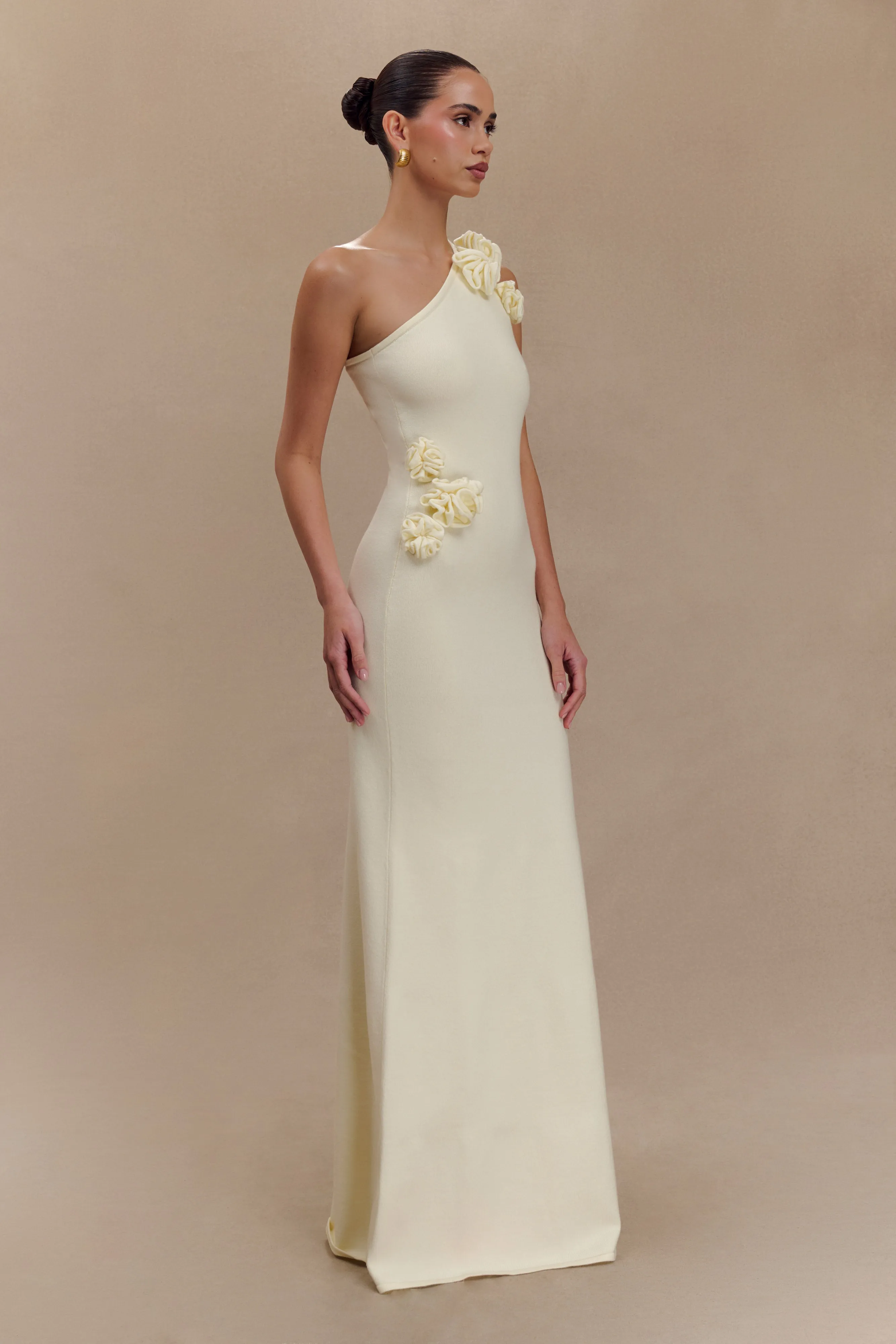 Paloma One Shoulder Knit Maxi Dress With Flowers - Ivory All-Day Fit Work Fit