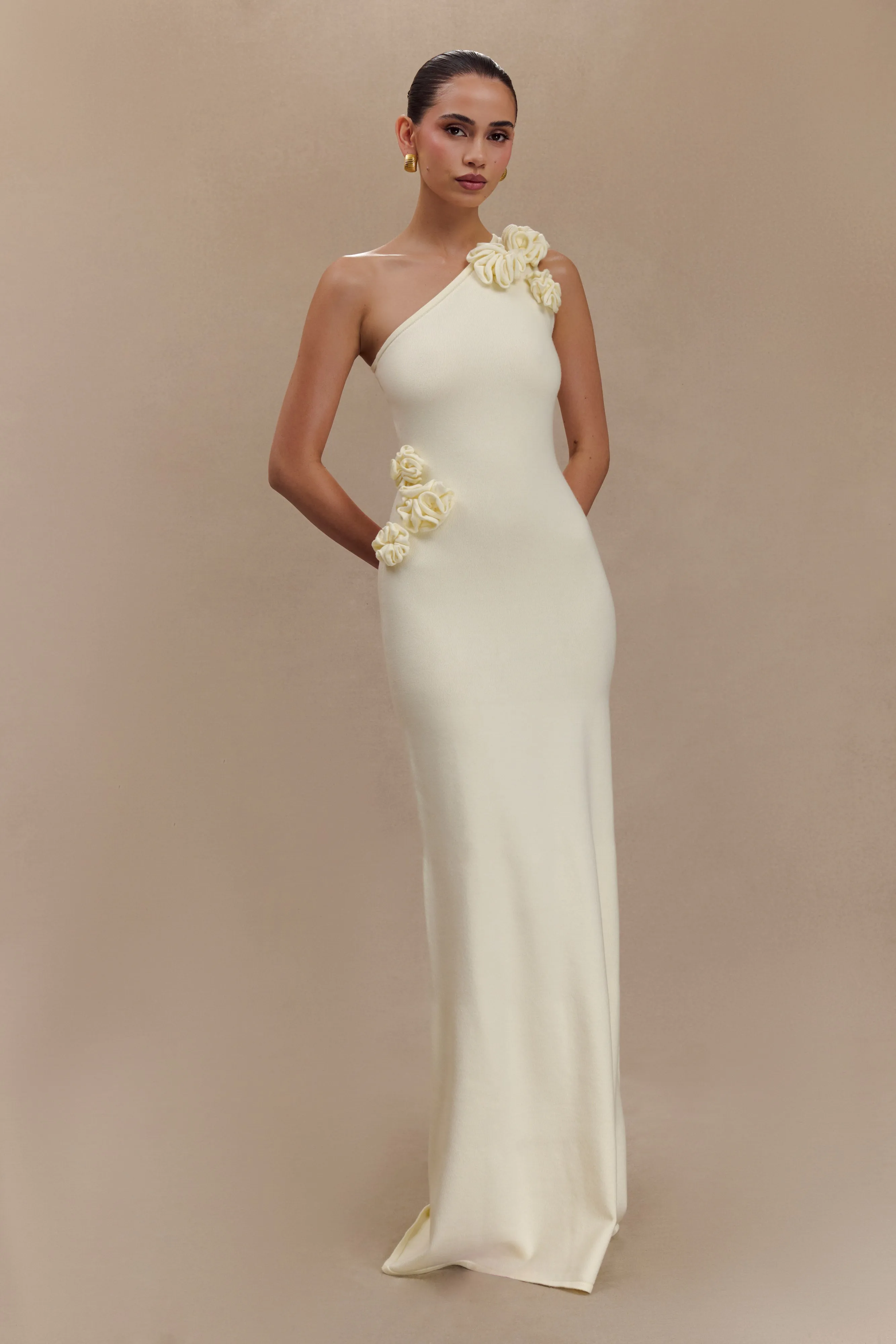 Paloma One Shoulder Knit Maxi Dress With Flowers - Ivory Trendy Layering Slim Silhouette