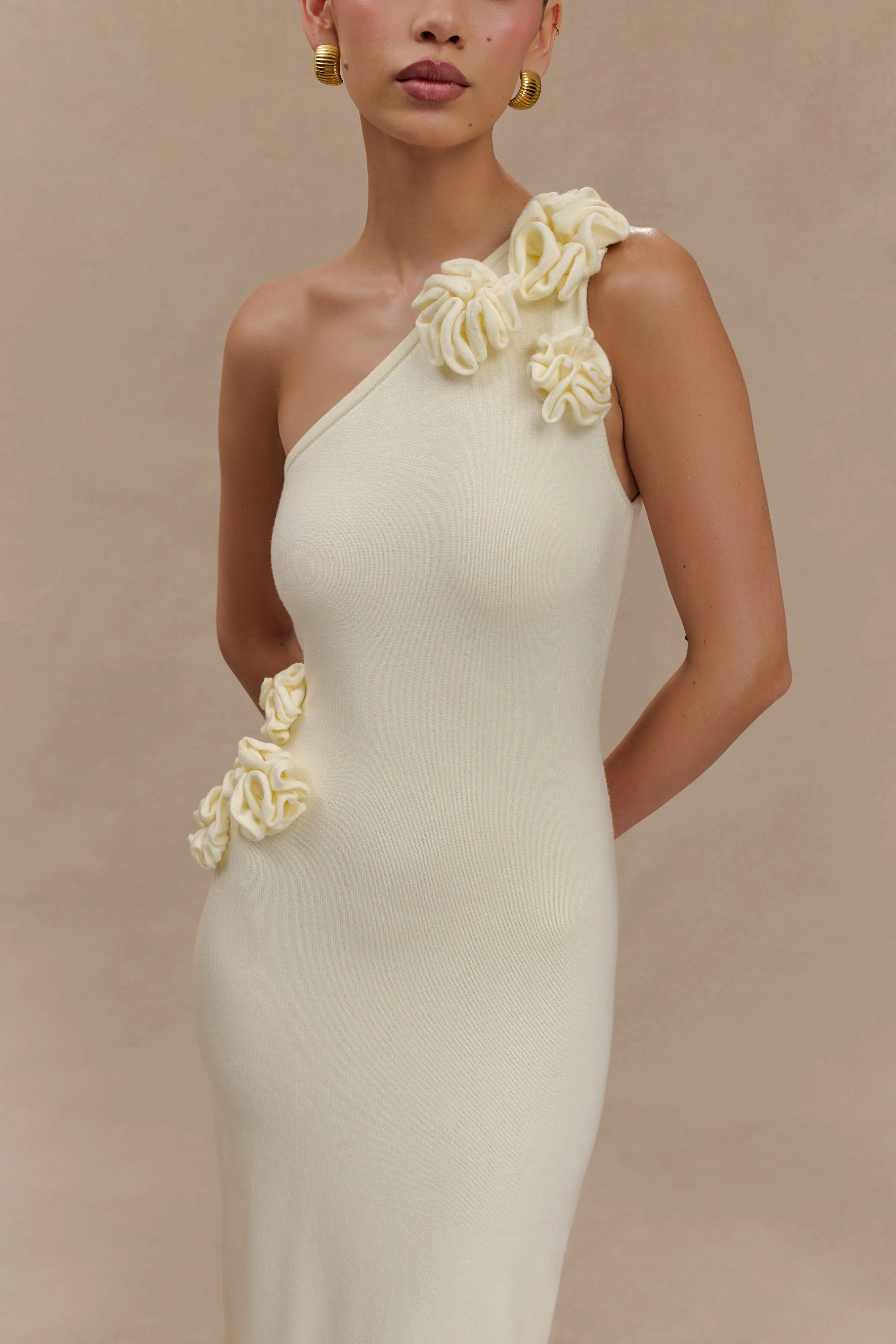 Paloma One Shoulder Knit Maxi Dress With Flowers - Ivory Soft Comfort Relaxed Vibe
