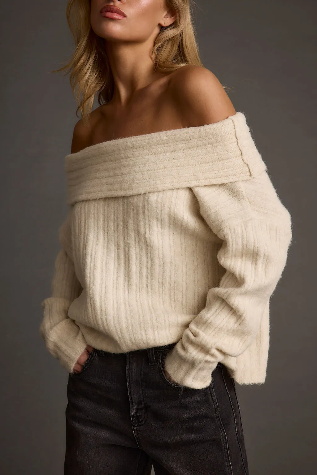 Pamela Beige Off The Shoulder Sweater OdorResistantFinish Contrast Stitch Accent