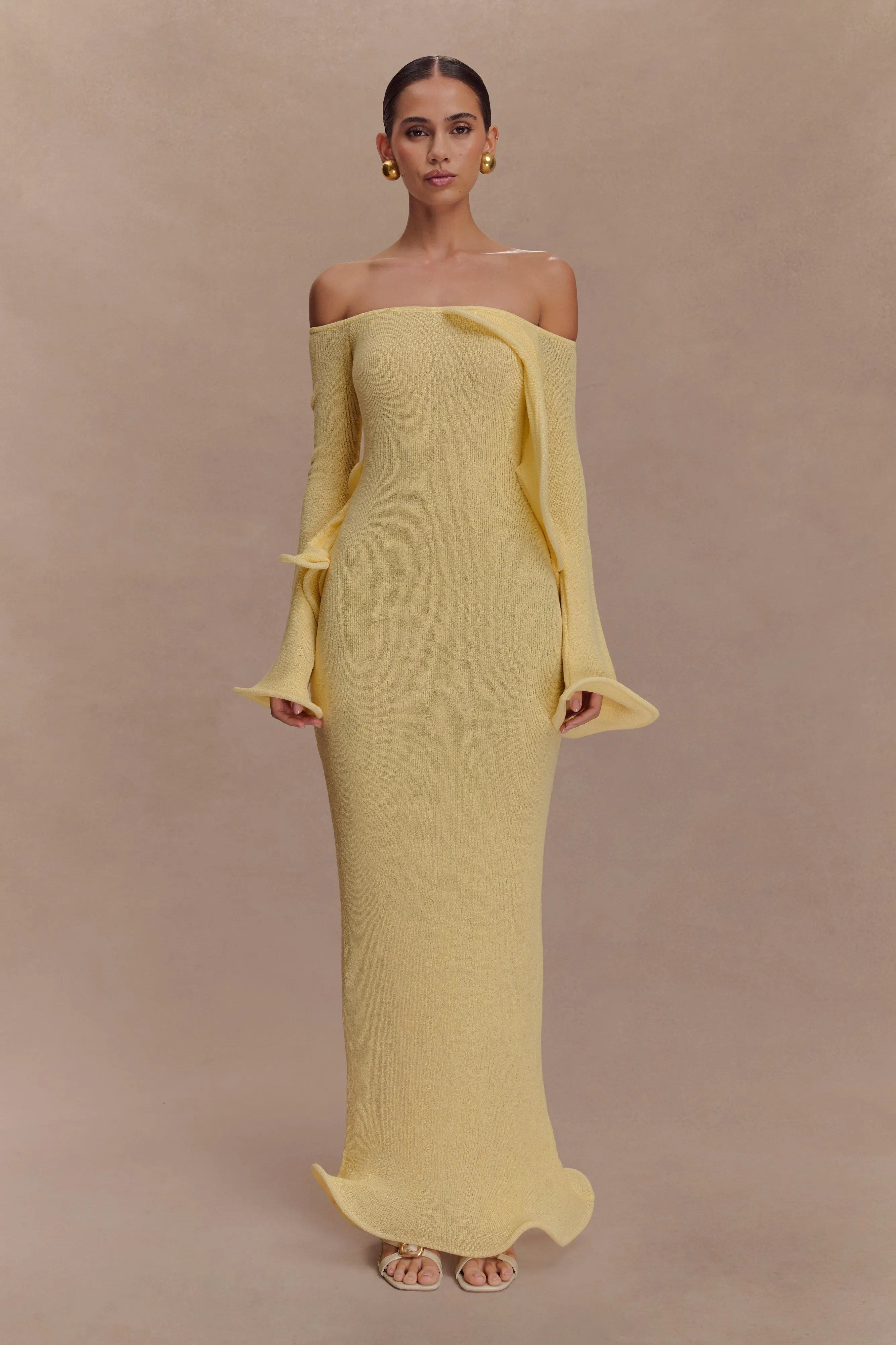 Velvet-Edge Elegant Touch Sandrine Off Shoulder Knit Maxi Dress - Lemon