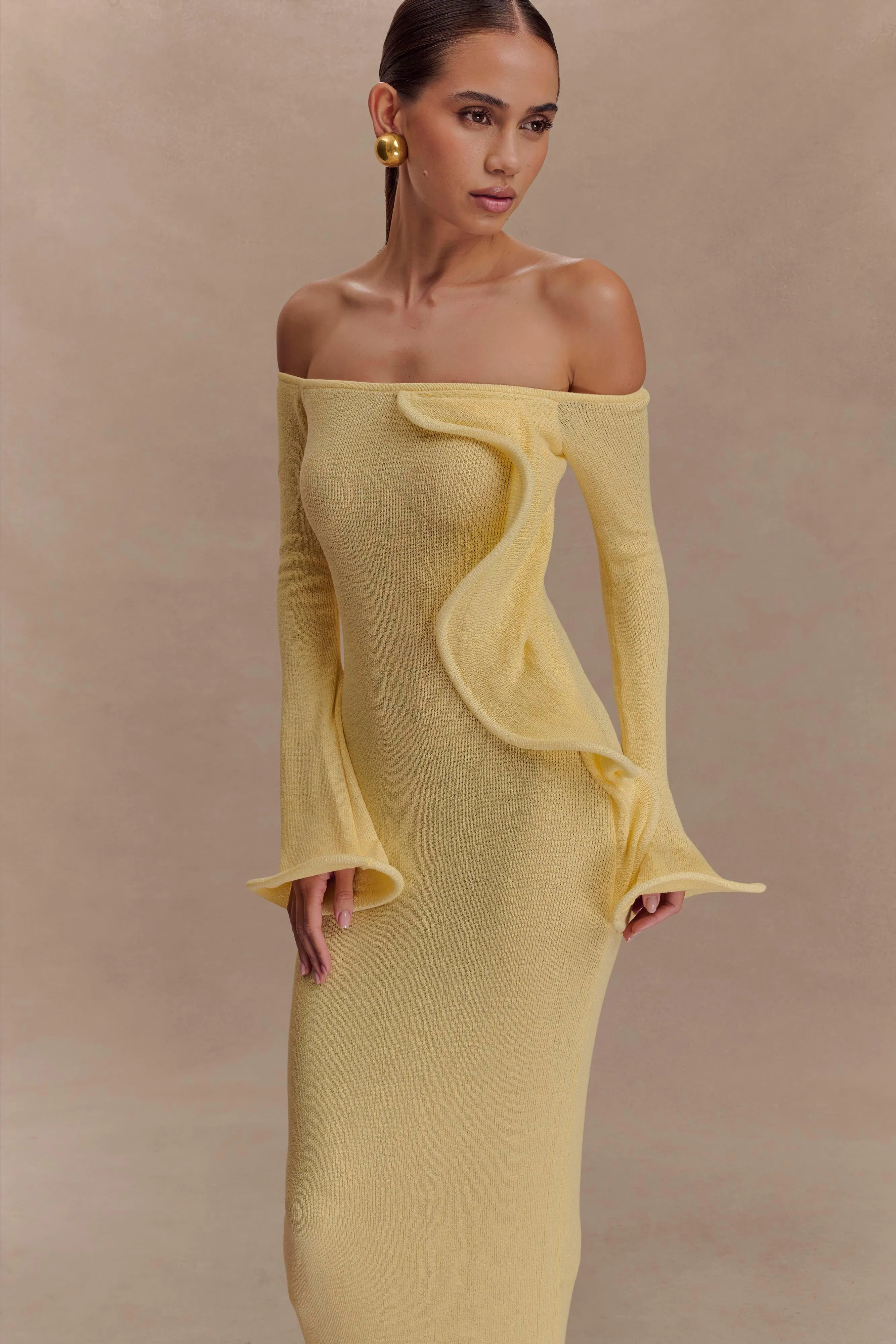 Neutral Feel Skin Tone Sandrine Off Shoulder Knit Maxi Dress - Lemon