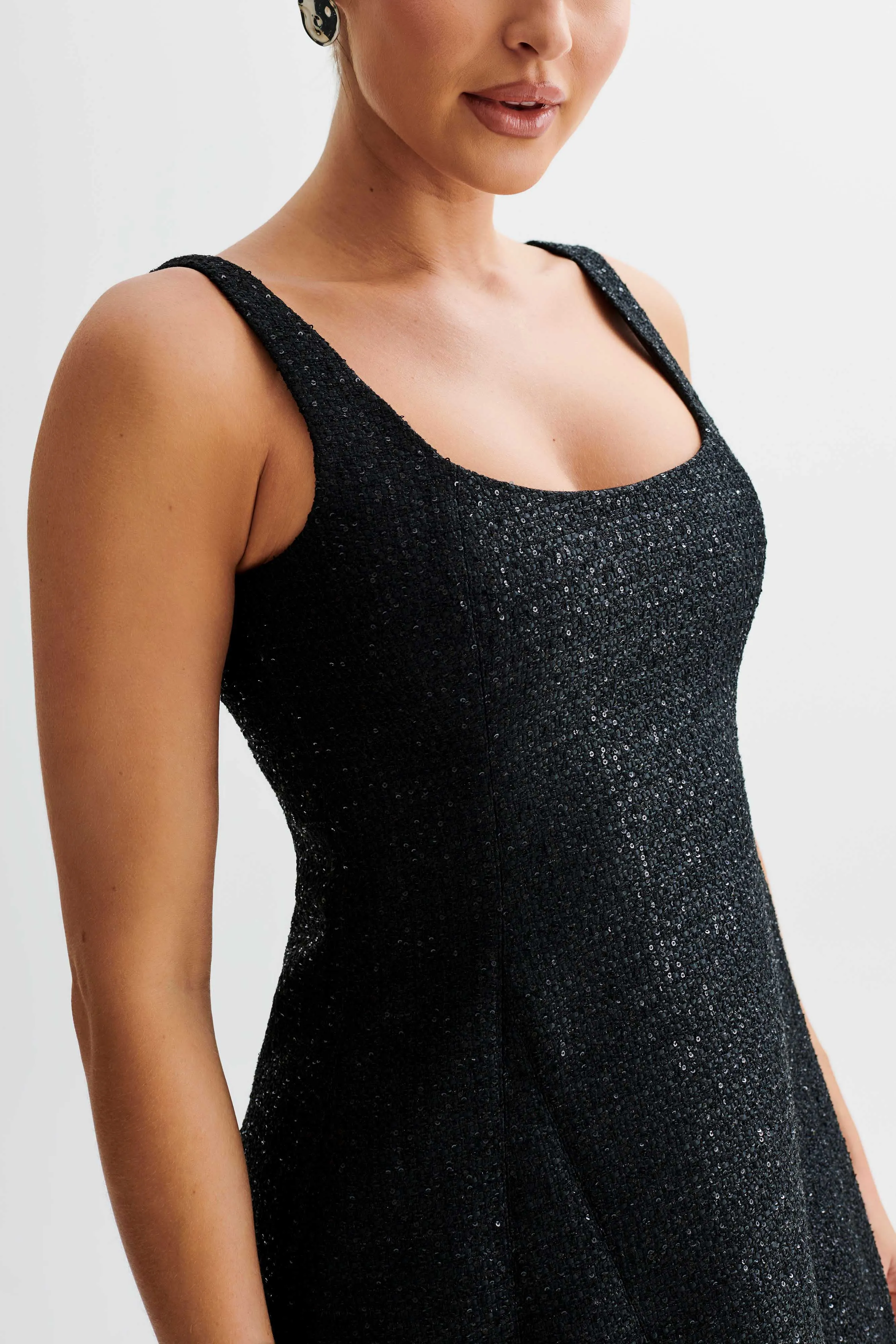 Beth Tweed Mini Dress - Black Durable-Fabric Elastic-Cuff