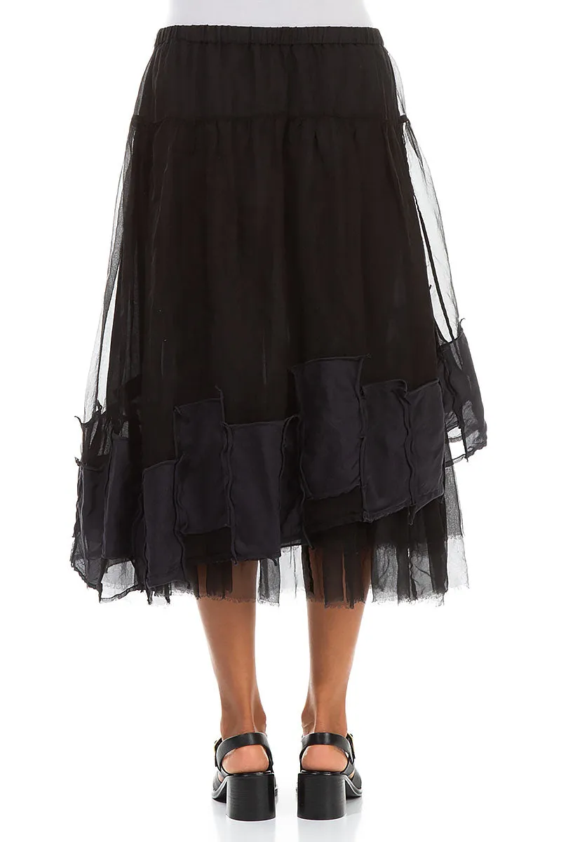 Stretch Waist Patch D??cor Black Silk Chiffon Skirt