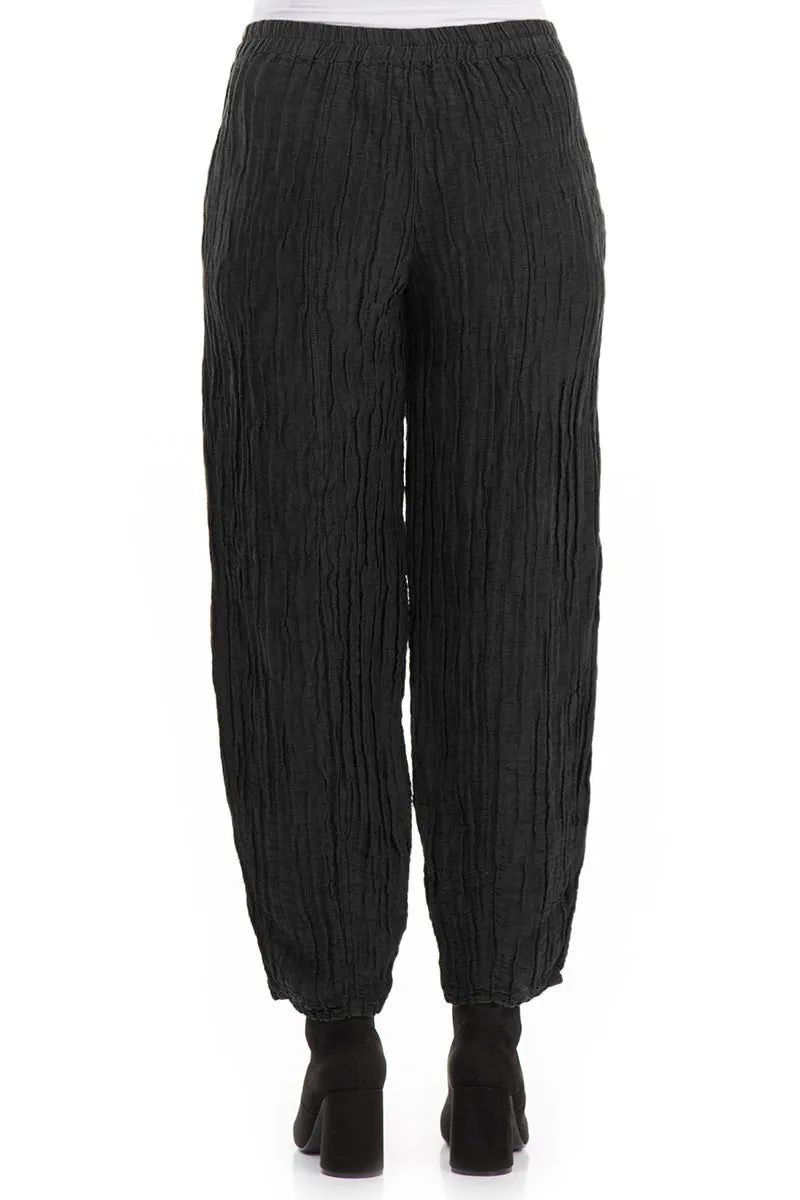 Pencil Crinkled Black Silk Trousers Comfort Stretch