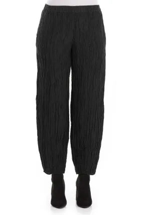 Pull-on style Pencil Crinkled Black Silk Trousers