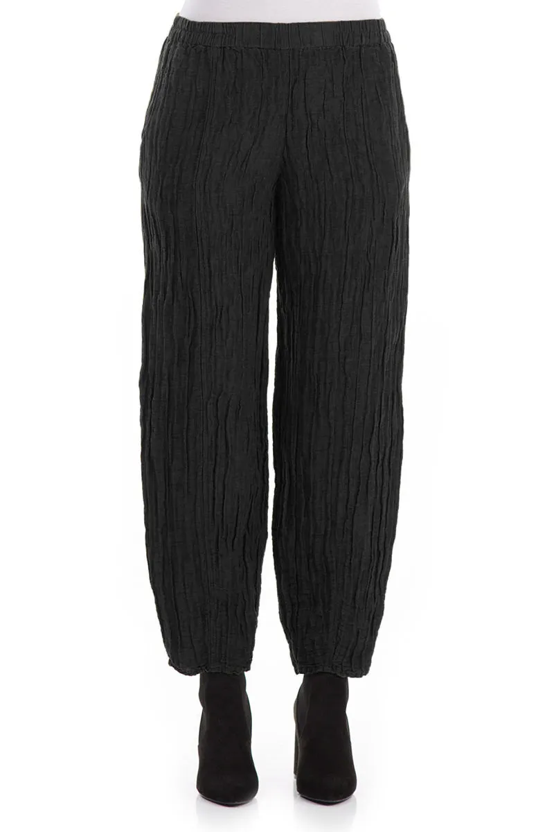 Pull-on style Pencil Crinkled Black Silk Trousers