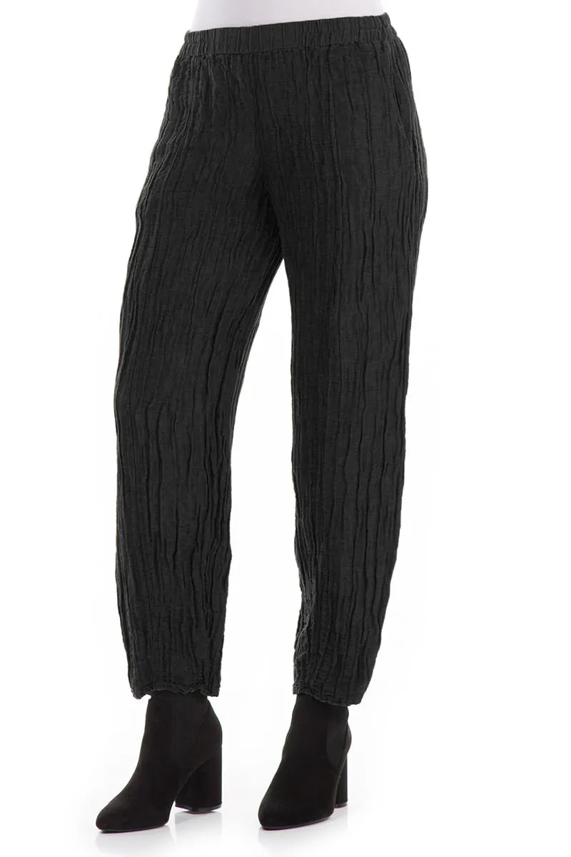 ReflectiveTrim Pencil Crinkled Black Silk Trousers
