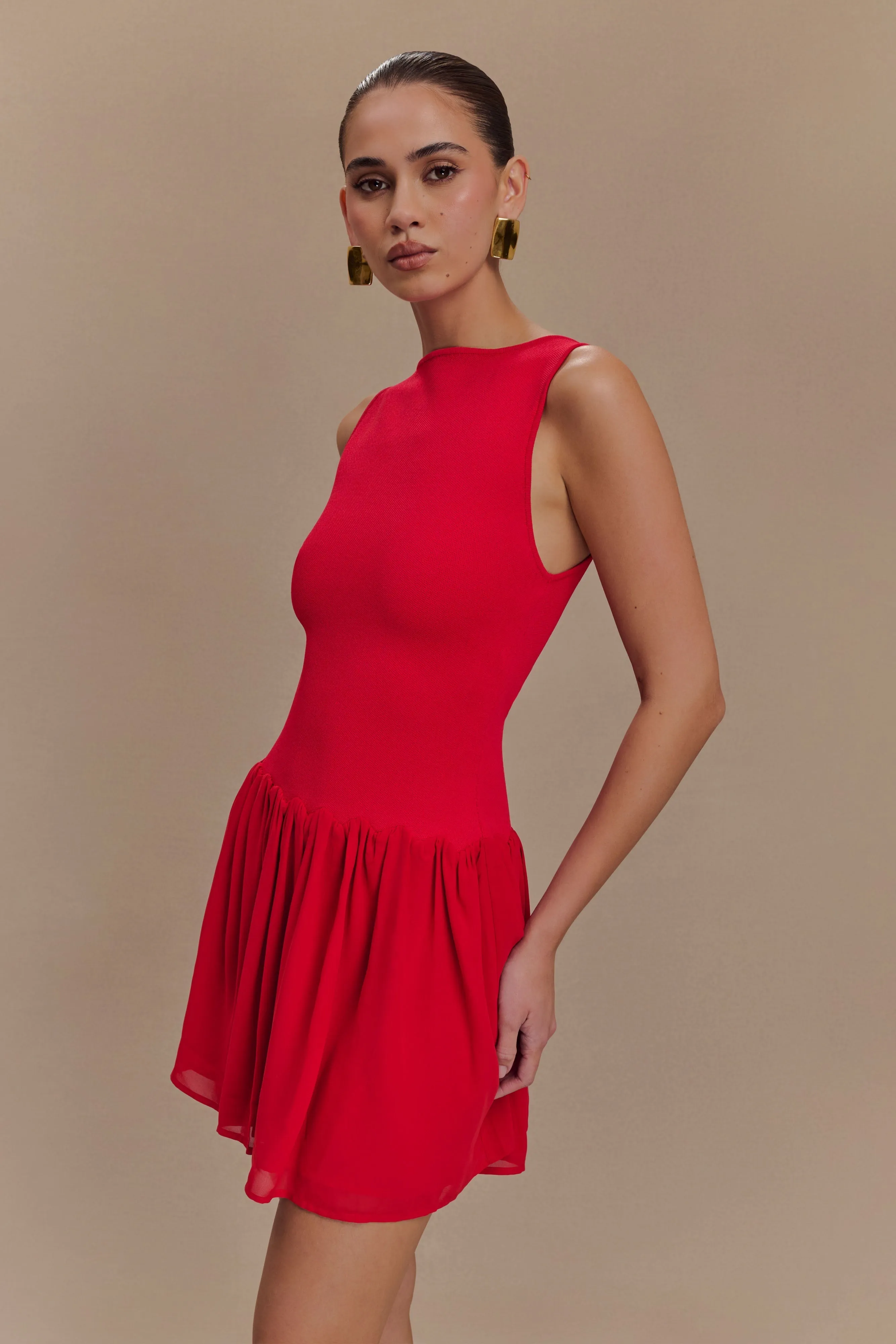 Calm Aesthetic Ashleigh Knit And Chiffon Mini Dress - Red