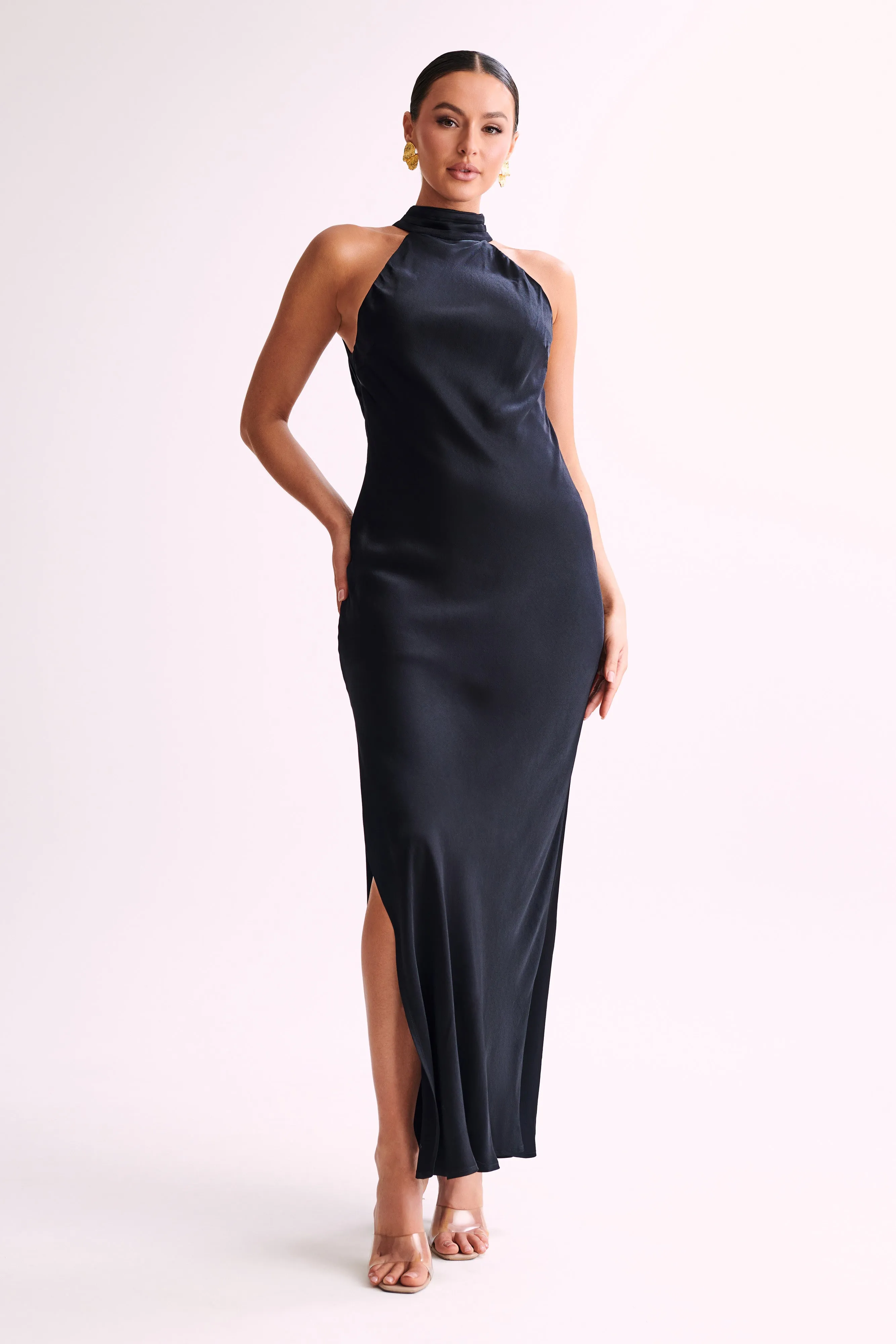 Classic Fit Smooth Fit Claire Satin Drape Back Maxi Dress with Split - Black