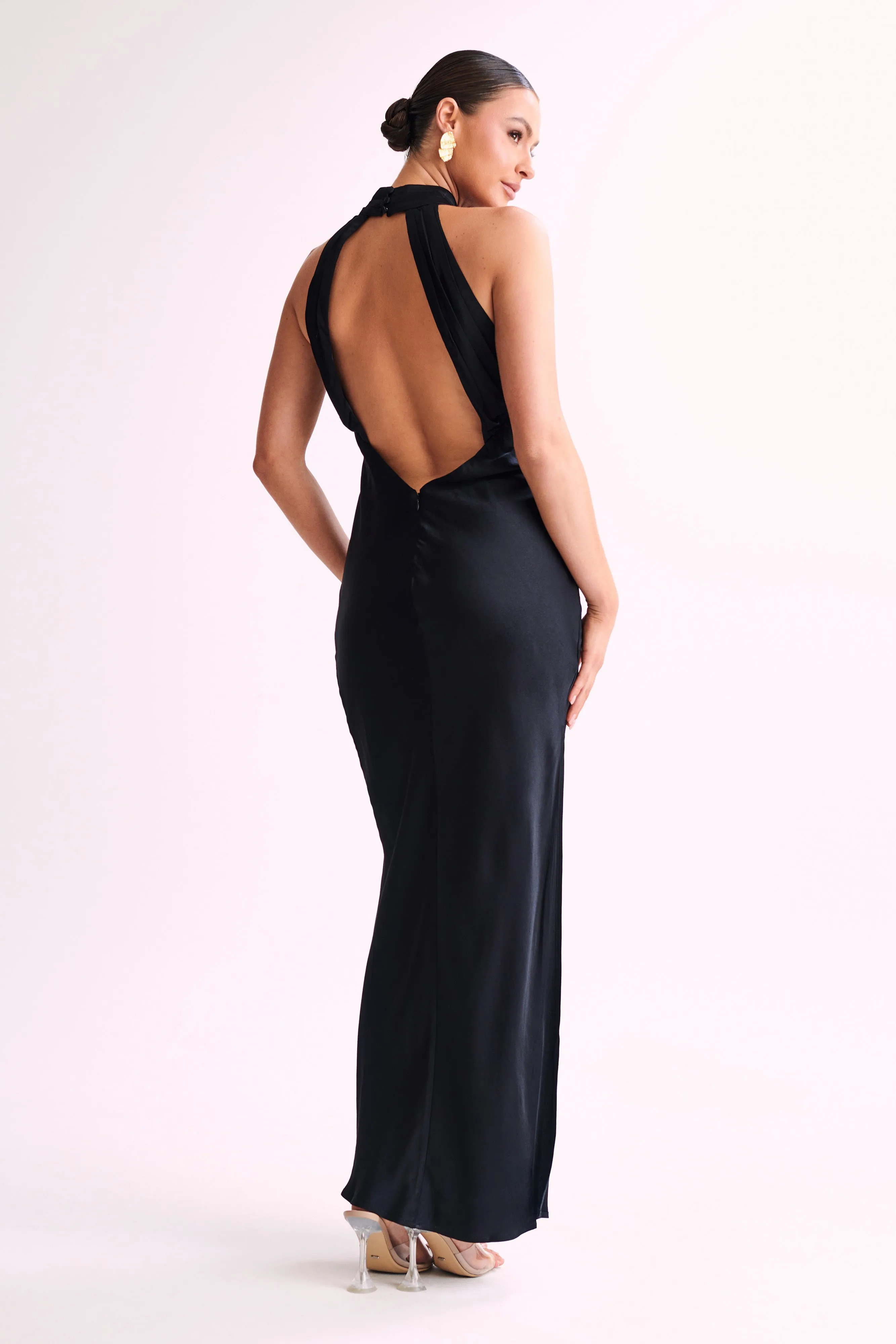 Cozy Silhouette Daily Movement Claire Satin Drape Back Maxi Dress with Split - Black