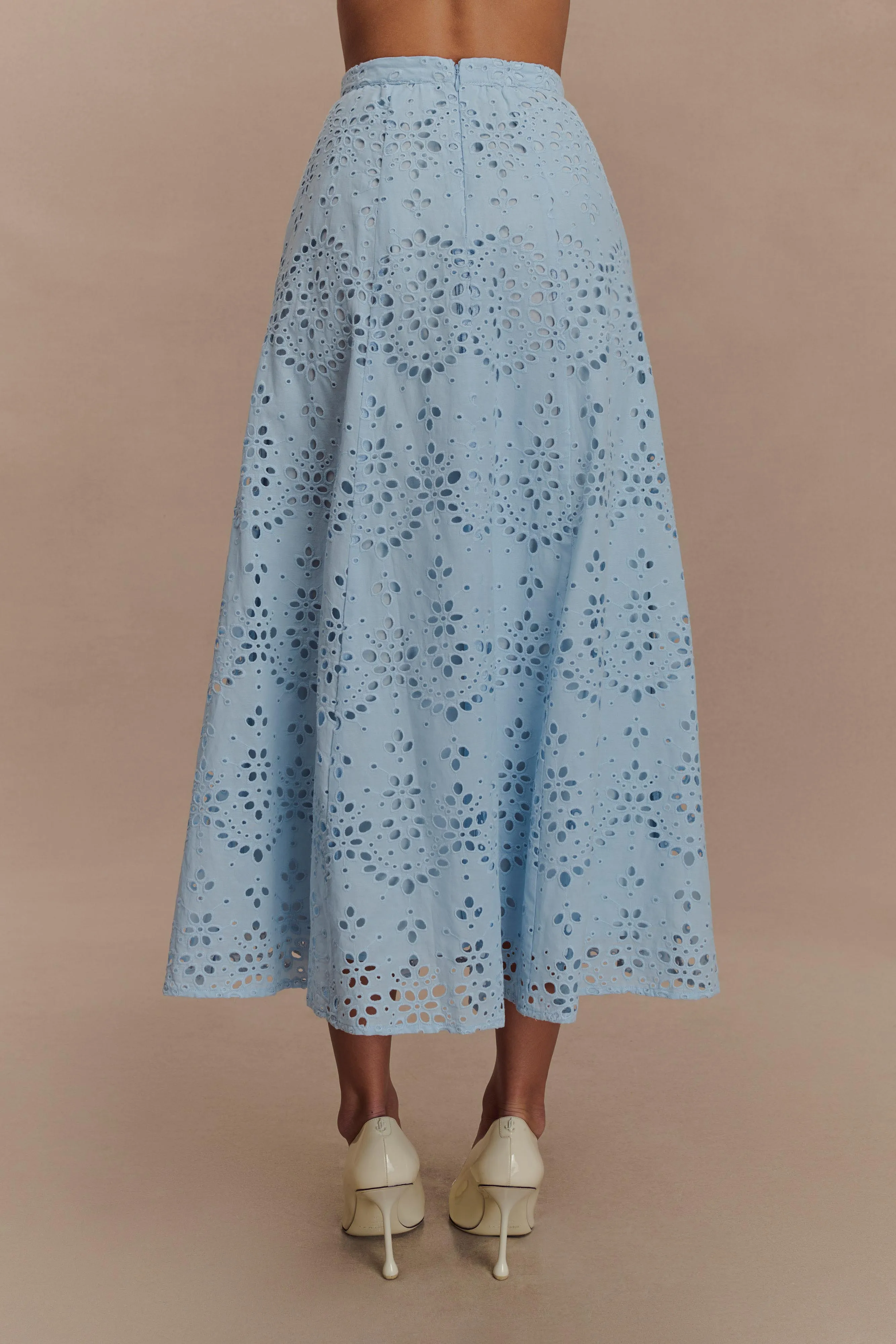 All Day Use Arla Broderie Midi Skirt - Pale Cornflower Blue