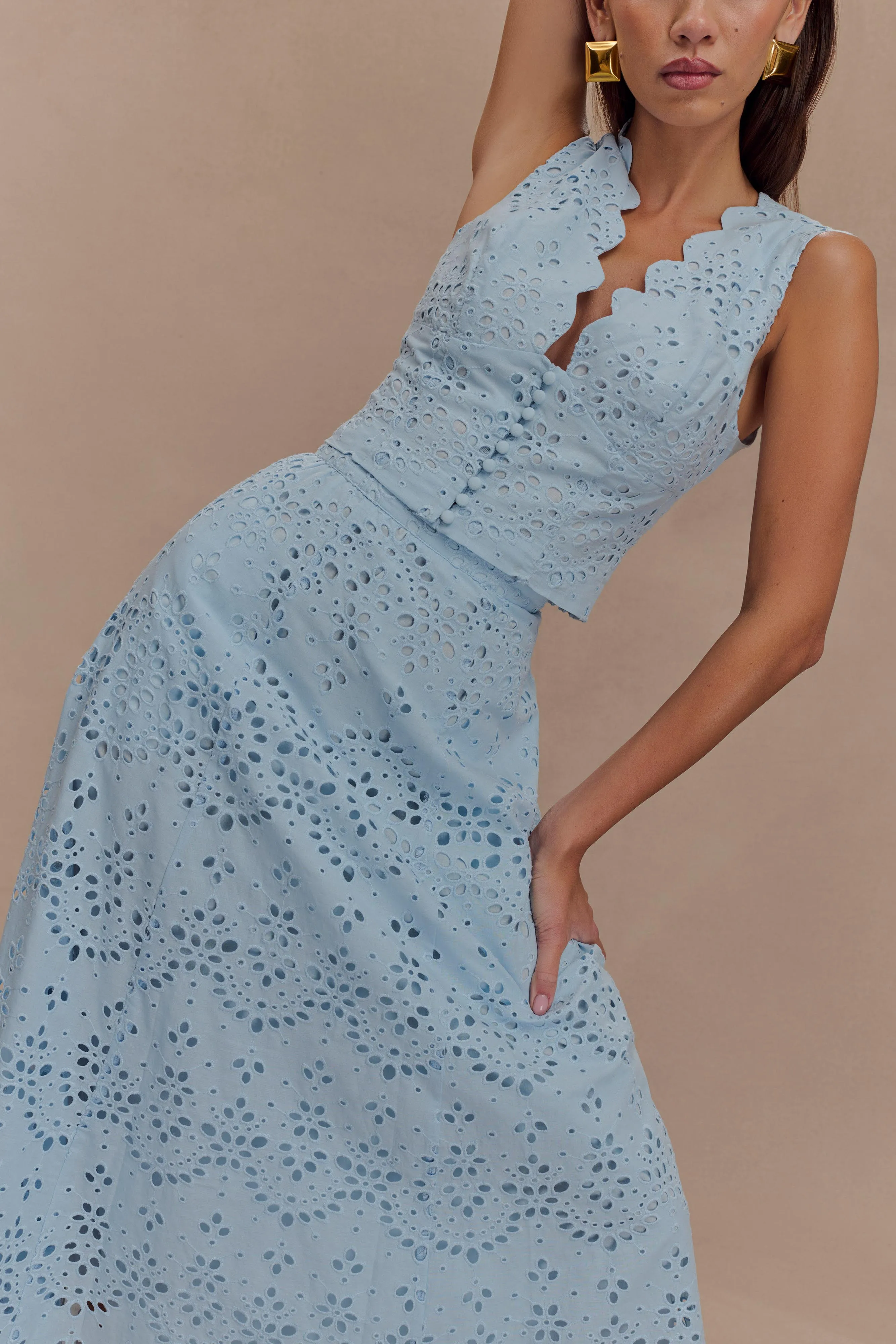 Wrinkle Free Fabric Arla Broderie Midi Skirt - Pale Cornflower Blue