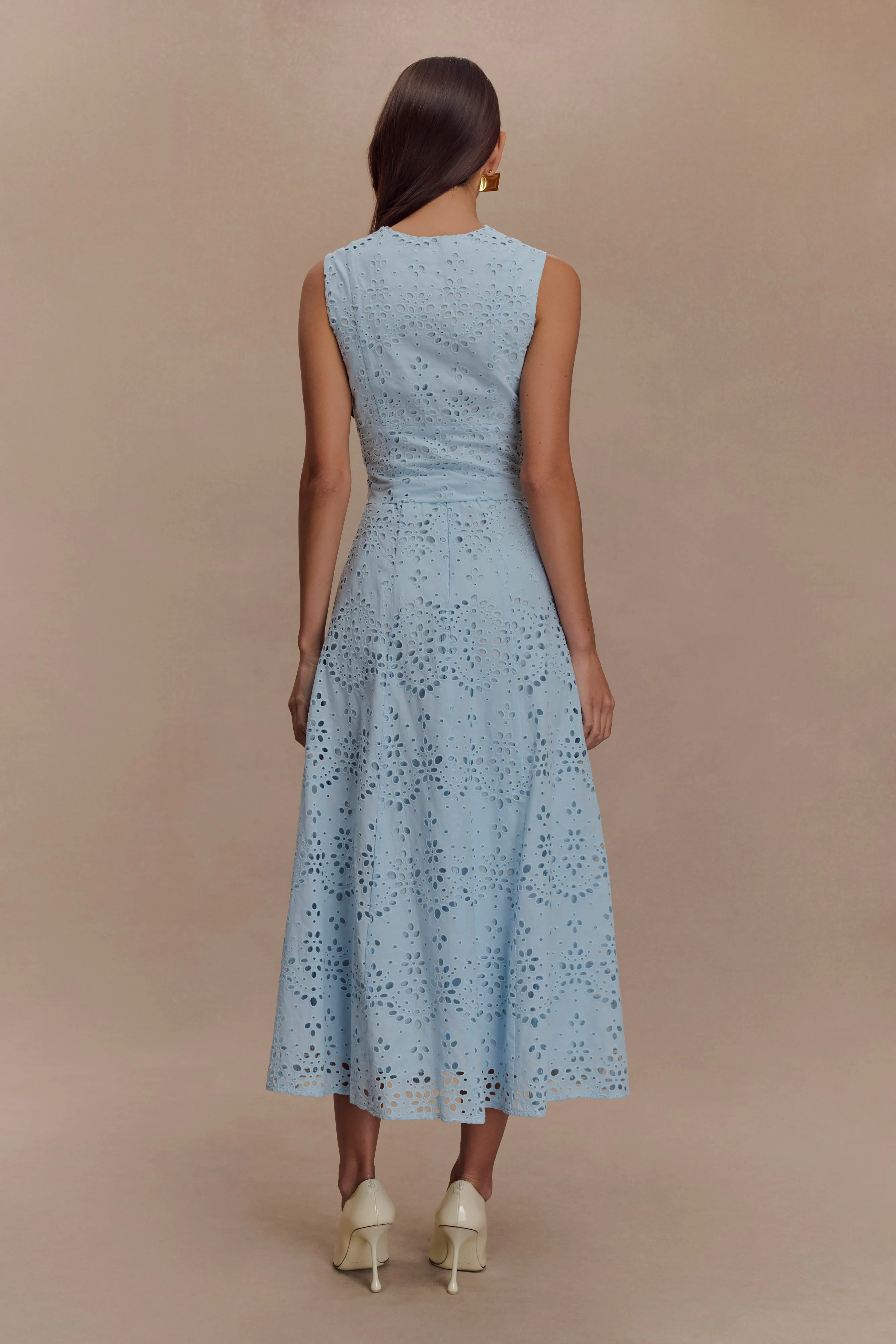 Quick Fit Wear Linen blend Arla Broderie Midi Skirt - Pale Cornflower Blue