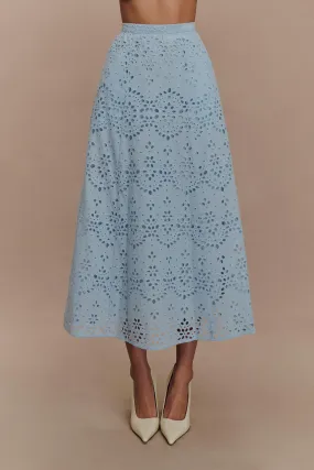 Trendy Waist Arla Broderie Midi Skirt - Pale Cornflower Blue
