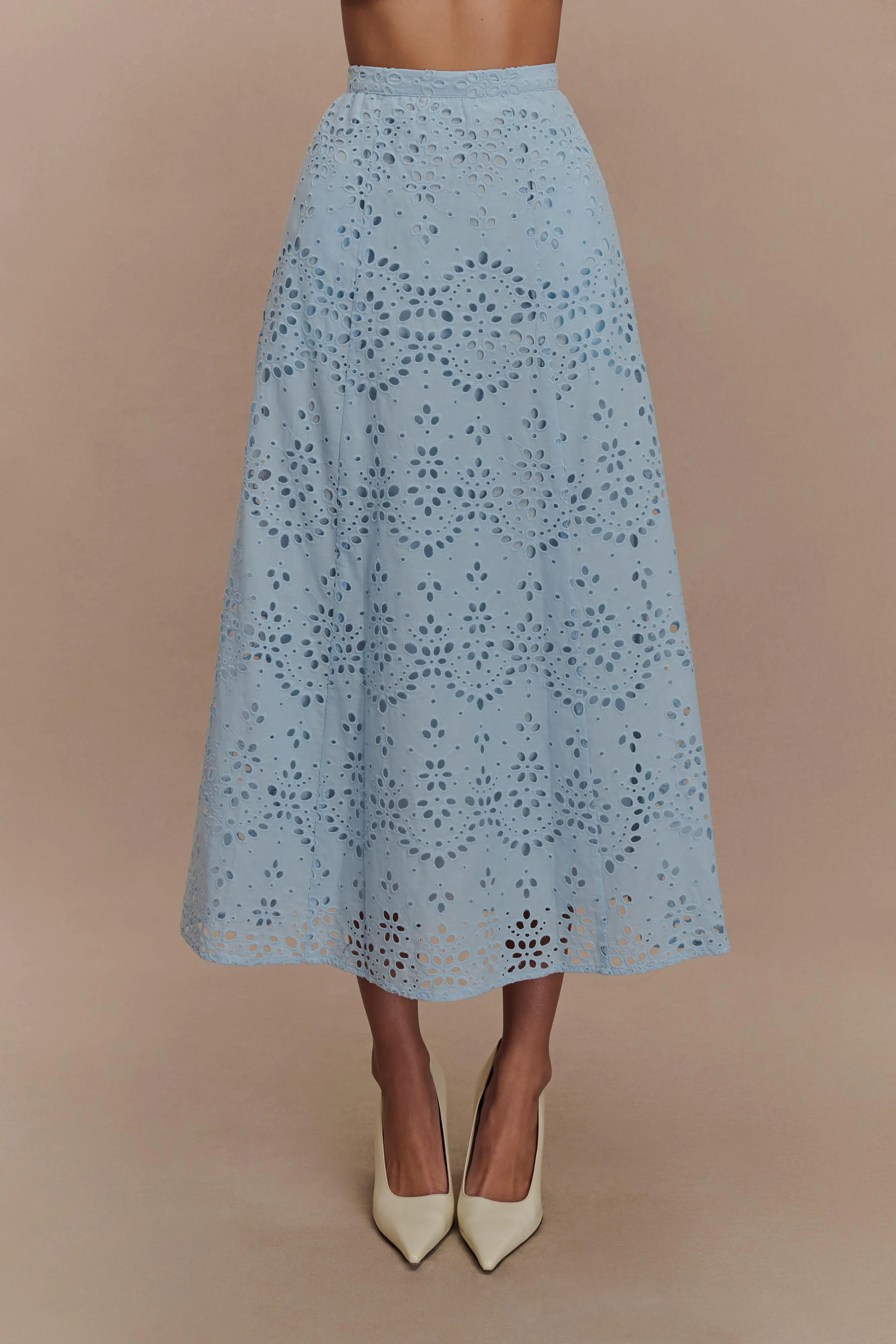 Trendy Waist Arla Broderie Midi Skirt - Pale Cornflower Blue