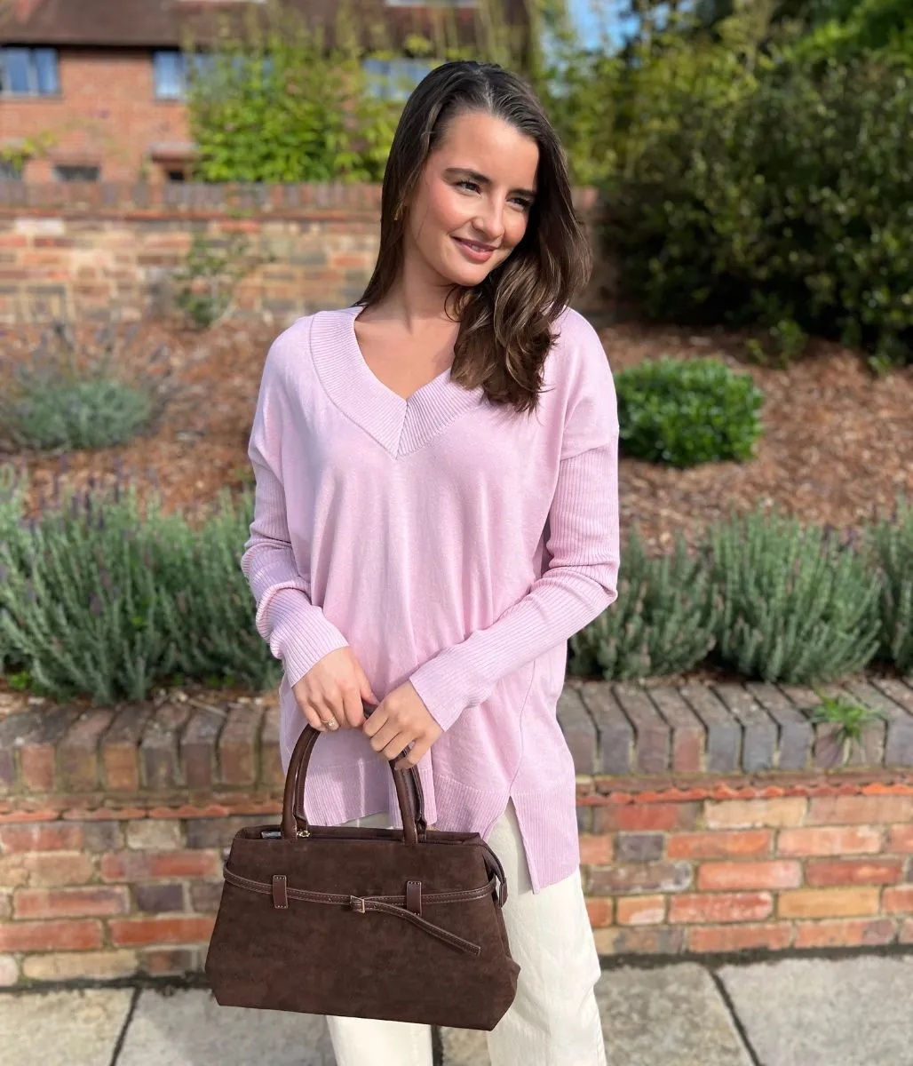Pink Fine Knit V Neck Tunic Jumper Natural Fiber Blend