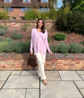 Slim Stretch Ribbed Hem Pink Fine Knit V Neck Tunic Jumper