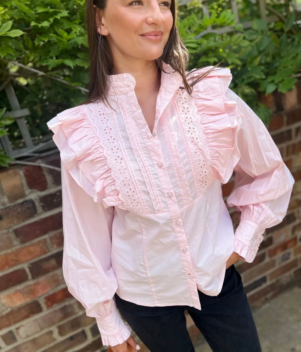 TearResistant Pink Ruffle Broderie Puff Sleeve Blouse