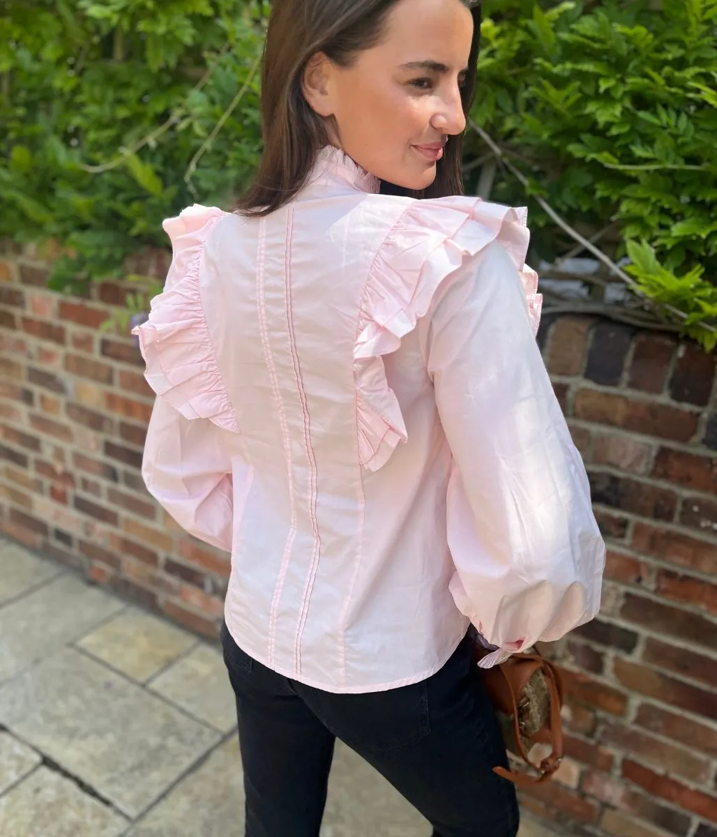 Scandi Clean Tulle Soul Pink Ruffle Broderie Puff Sleeve Blouse
