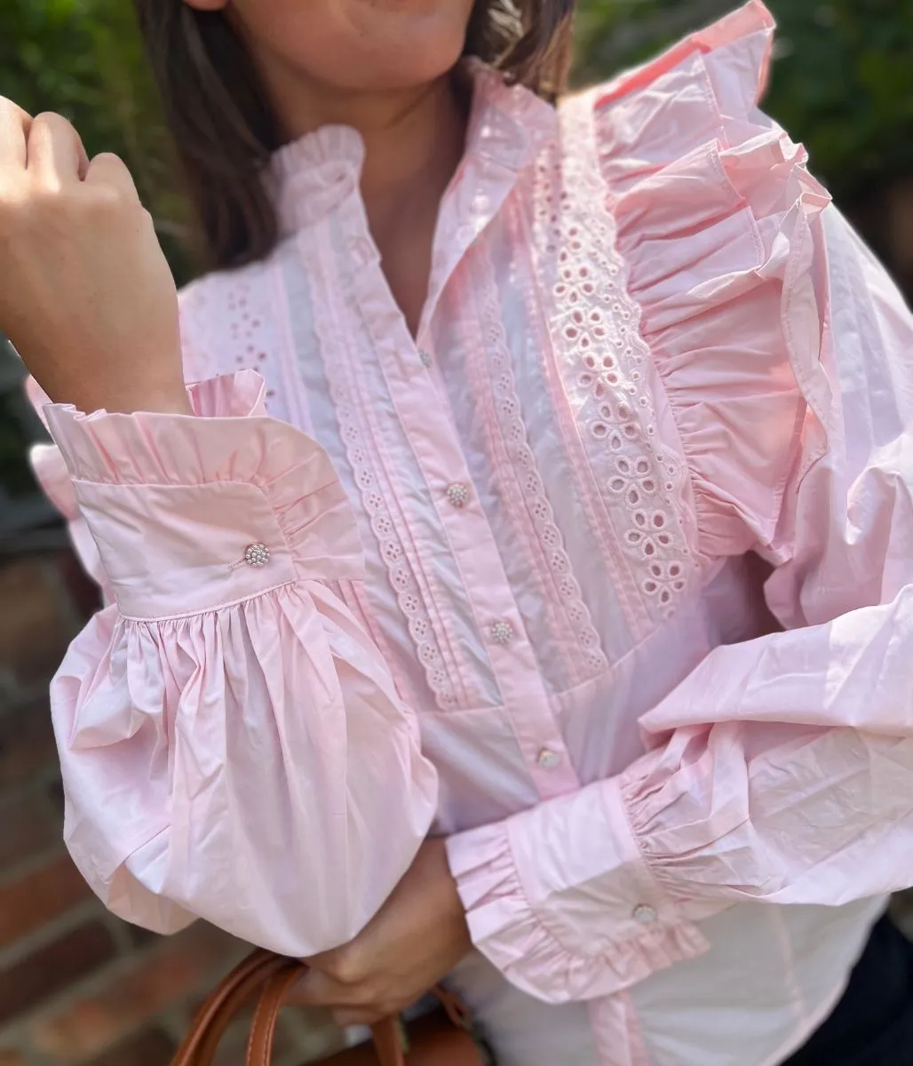Pink Ruffle Broderie Puff Sleeve Blouse Reinforced Hem