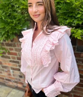 Pink Ruffle Broderie Puff Sleeve Blouse fashionable blazer Mind Glow