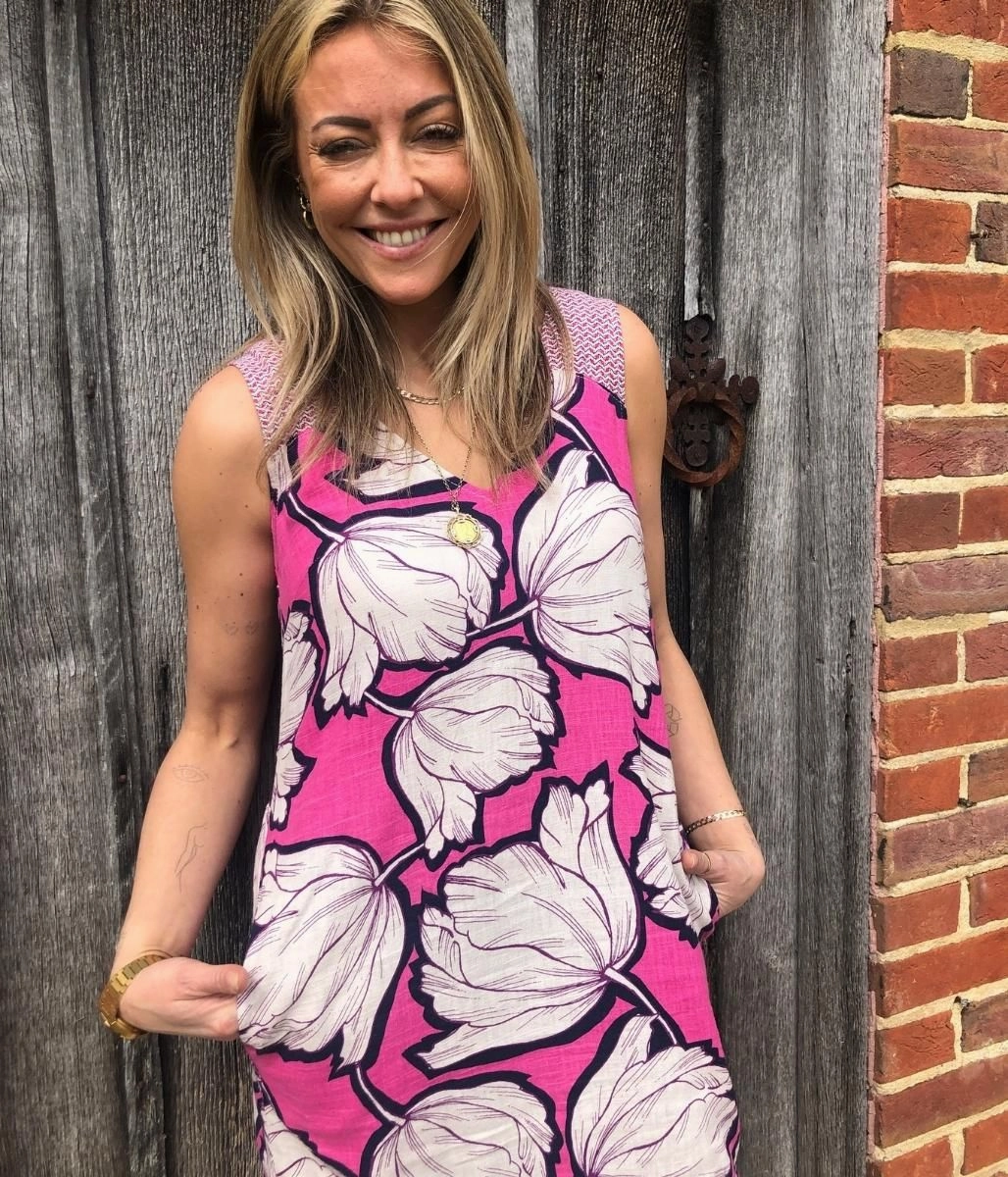 Polished Edge Effortless Look Pink Bold Flower Linen Blend Dress