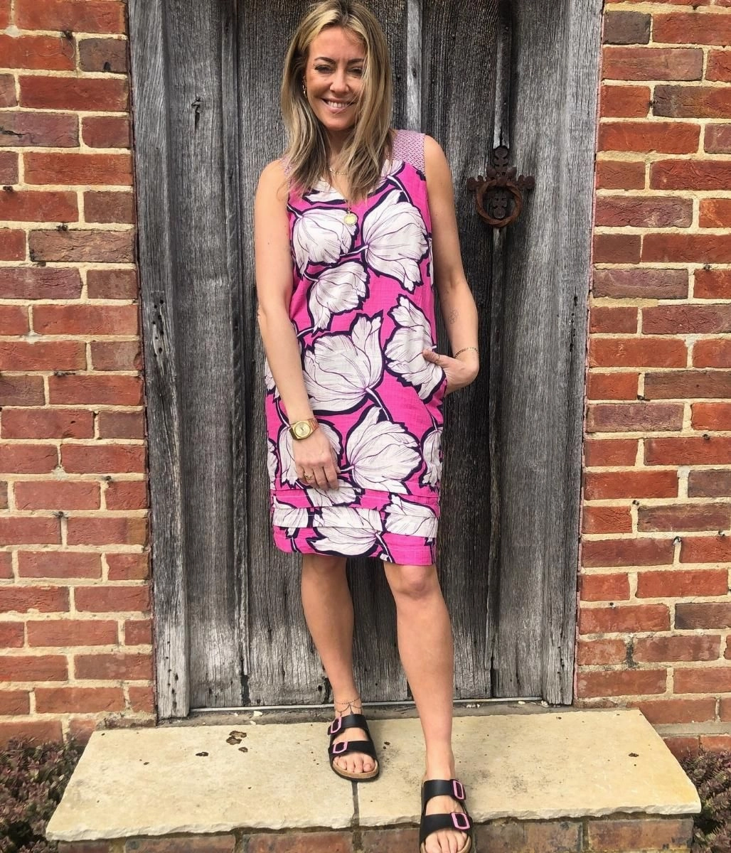 Pink Bold Flower Linen Blend Dress Minimal Motion Cotton Touch