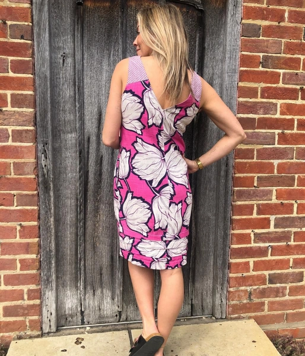 Crisp Silhouette Pink Bold Flower Linen Blend Dress