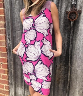 Minimalist Design Versatile Style Wear Pink Bold Flower Linen Blend Dress