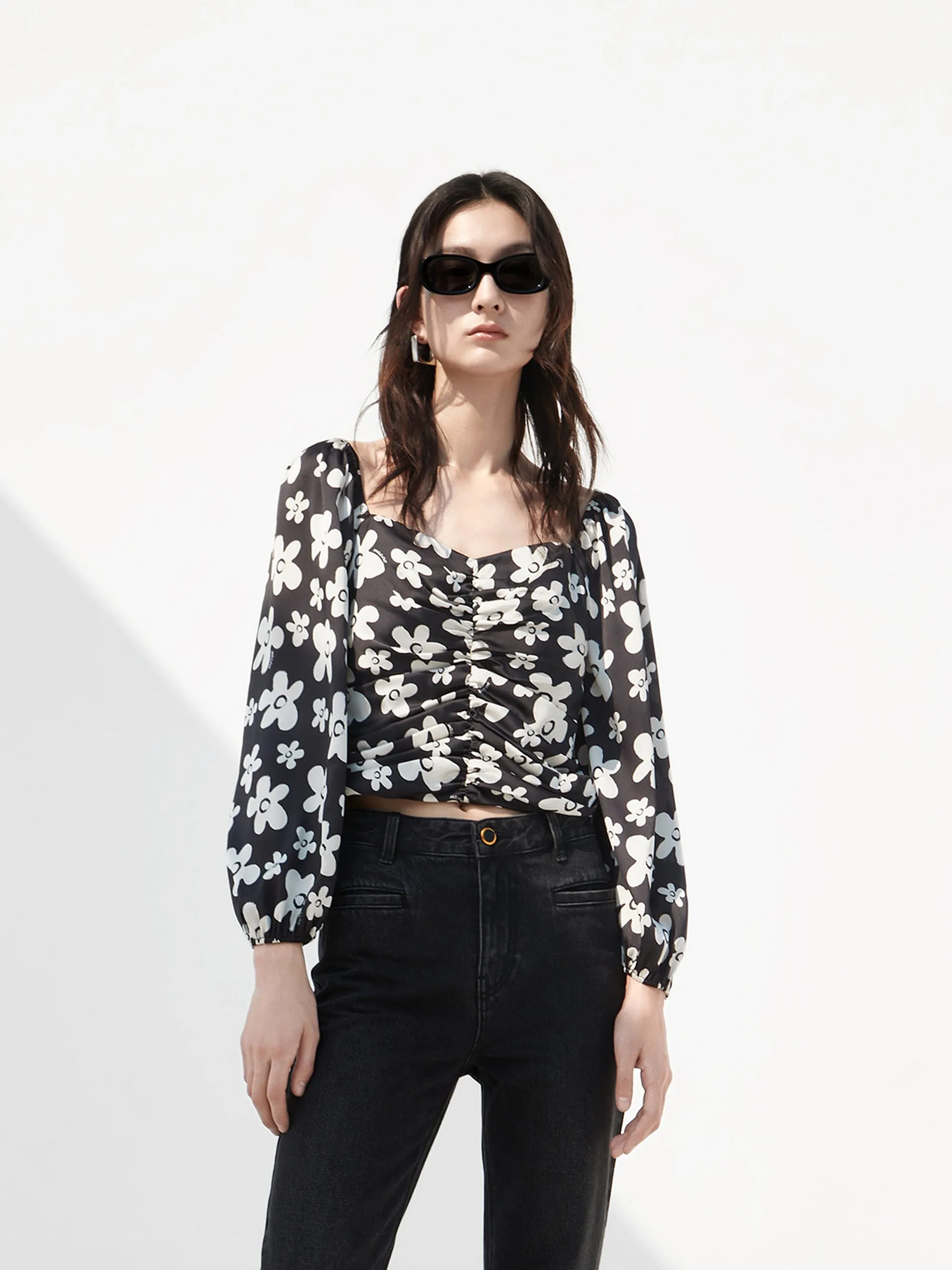 Pleated Floral Print Top EcoFriendly Dye Durable Reinforced Elbows