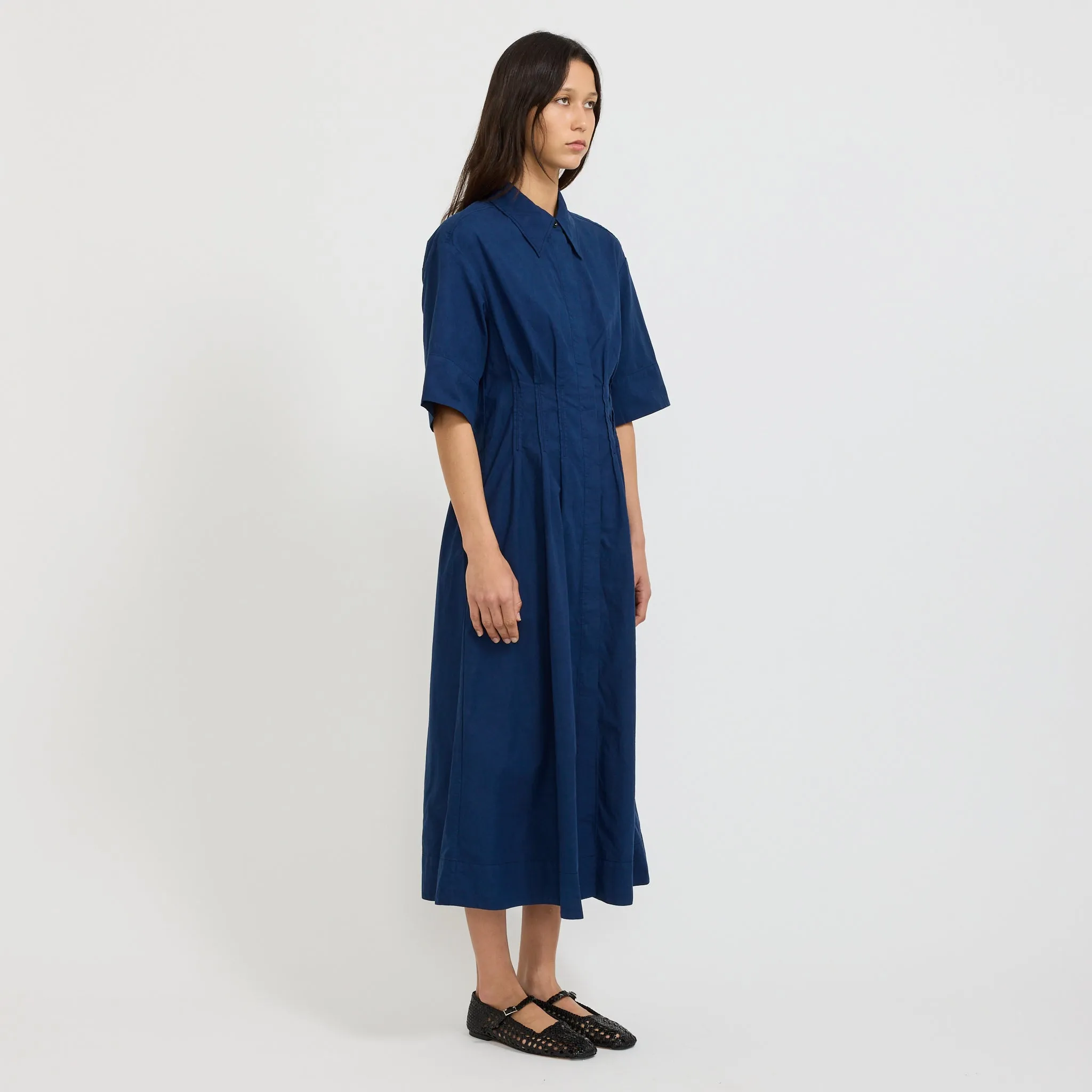 Pleated Organic Cotton Linen Dress Mid Blue Bless Glow Basic Shape