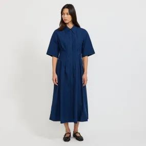 Pleated Organic Cotton Linen Dress Mid Blue Calm Lines Cozy Comfort