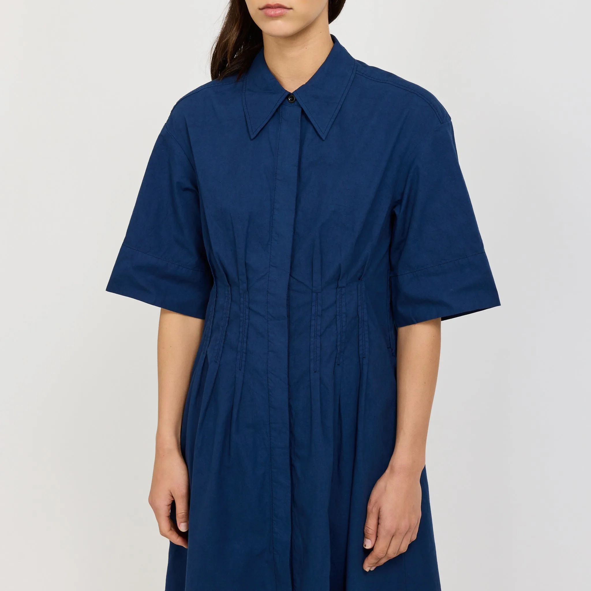 Classic structured dress Pleated Organic Cotton Linen Dress Mid Blue
