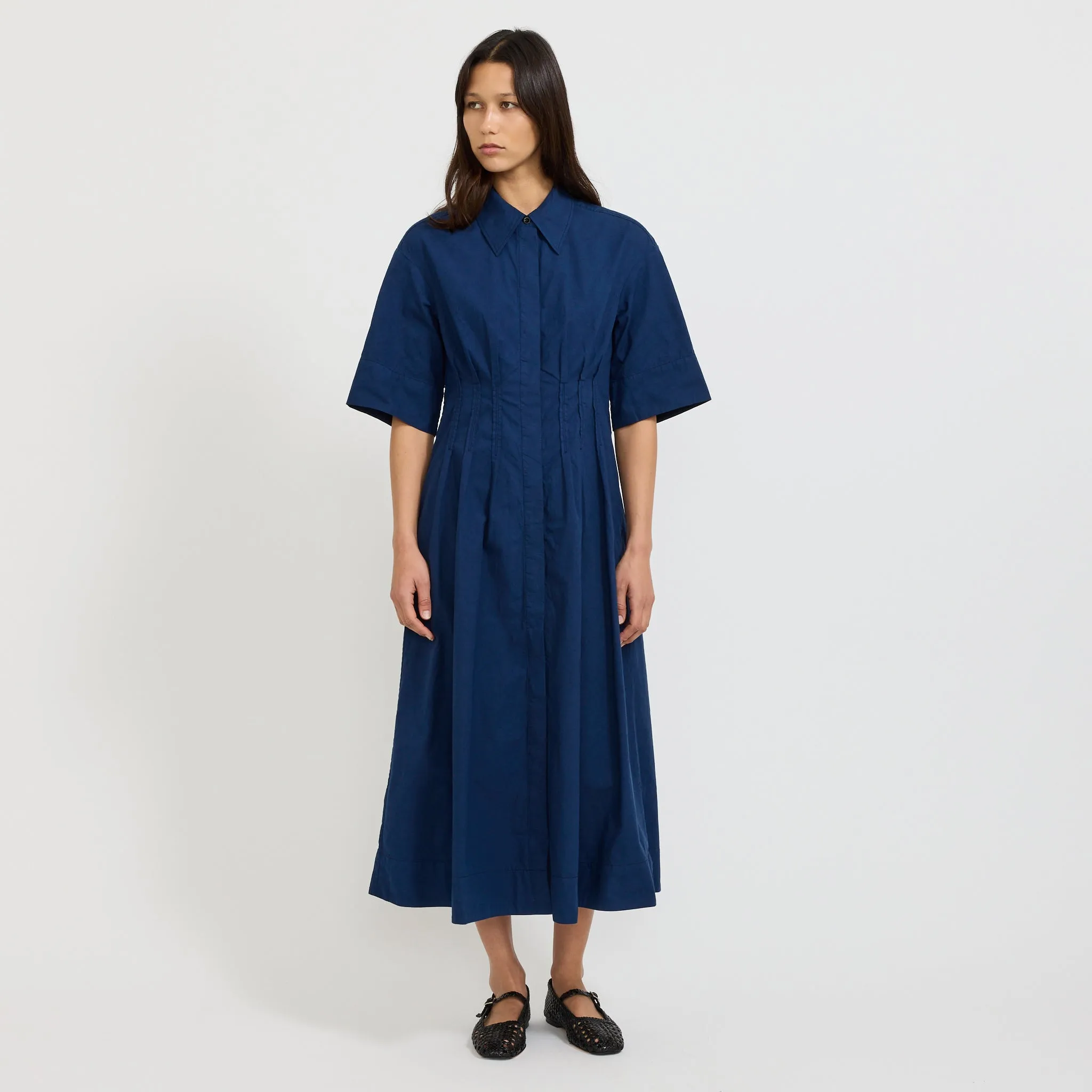 Pleated Organic Cotton Linen Dress Mid Blue Calm Lines Cozy Comfort