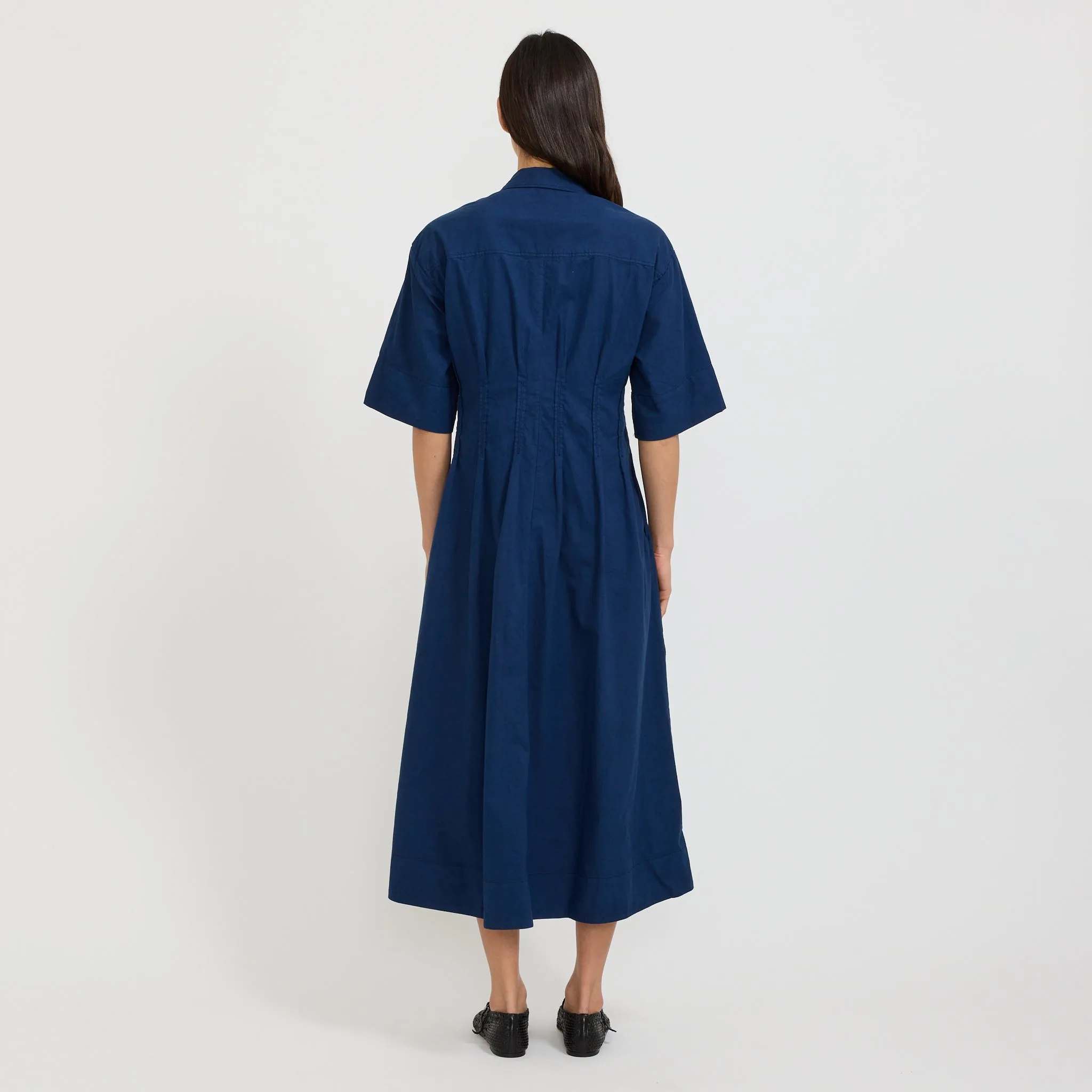 Pleated Organic Cotton Linen Dress Mid Blue Smooth-Finish Fall Piece