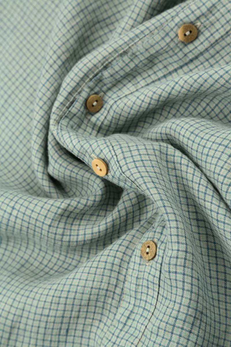 Minimalist Design Raw Edge Laurel Green Grid Check Linen Shirt