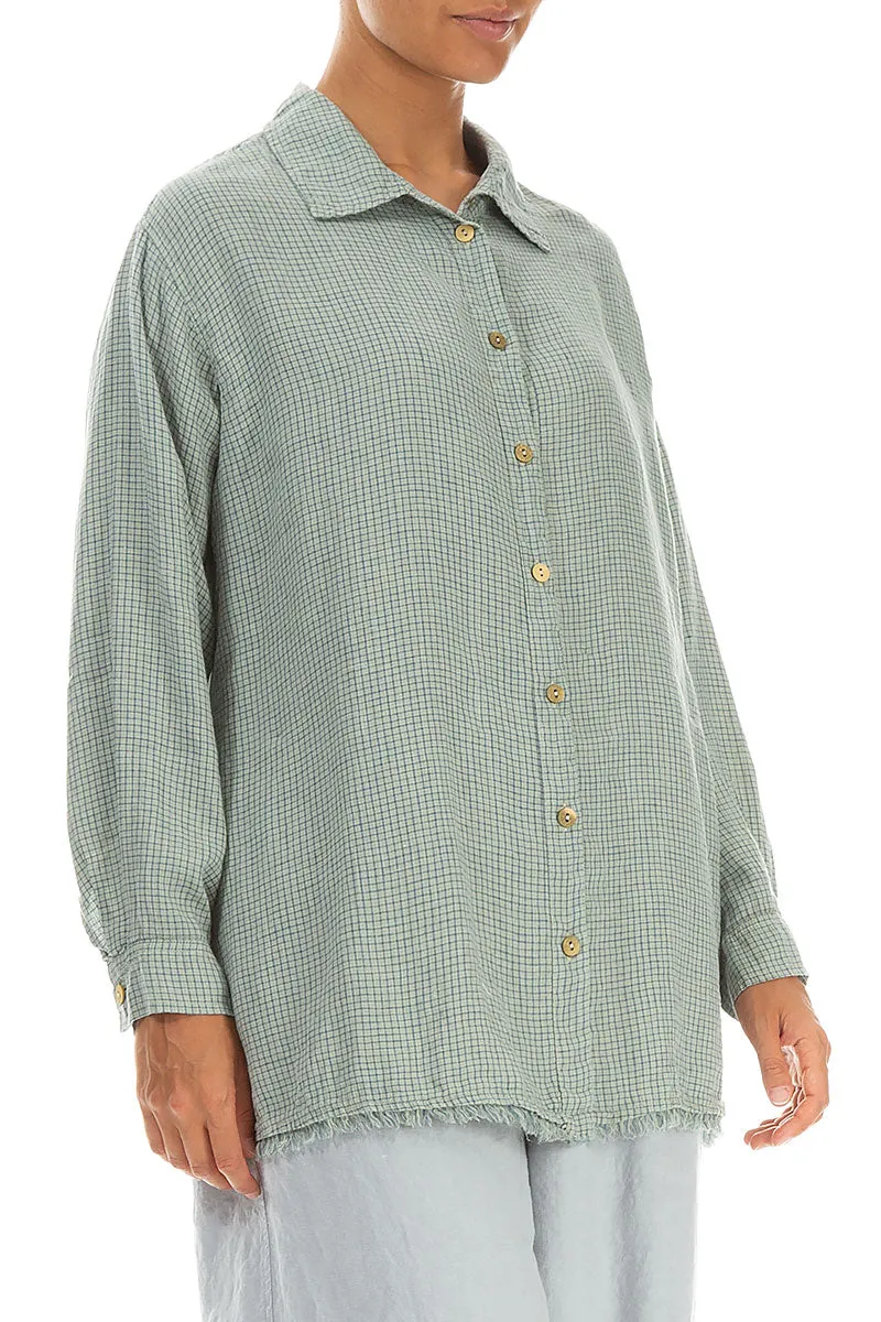 Reinforced Collar Breathable Layer Raw Edge Laurel Green Grid Check Linen Shirt