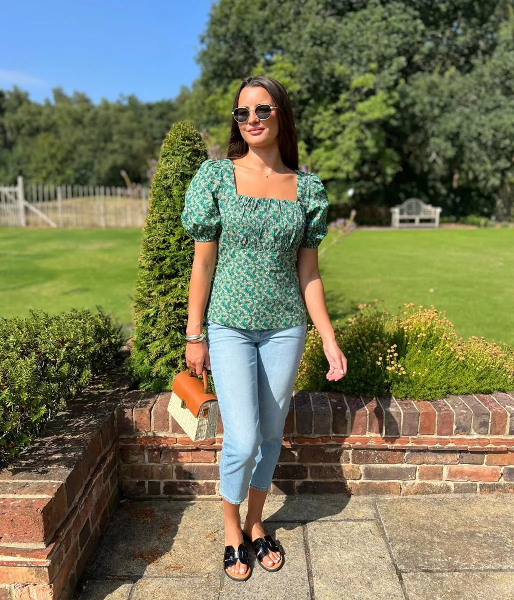 Micro Ditsy Floral Print Green Blouse UVProtectionCloth ButterSoftKnit