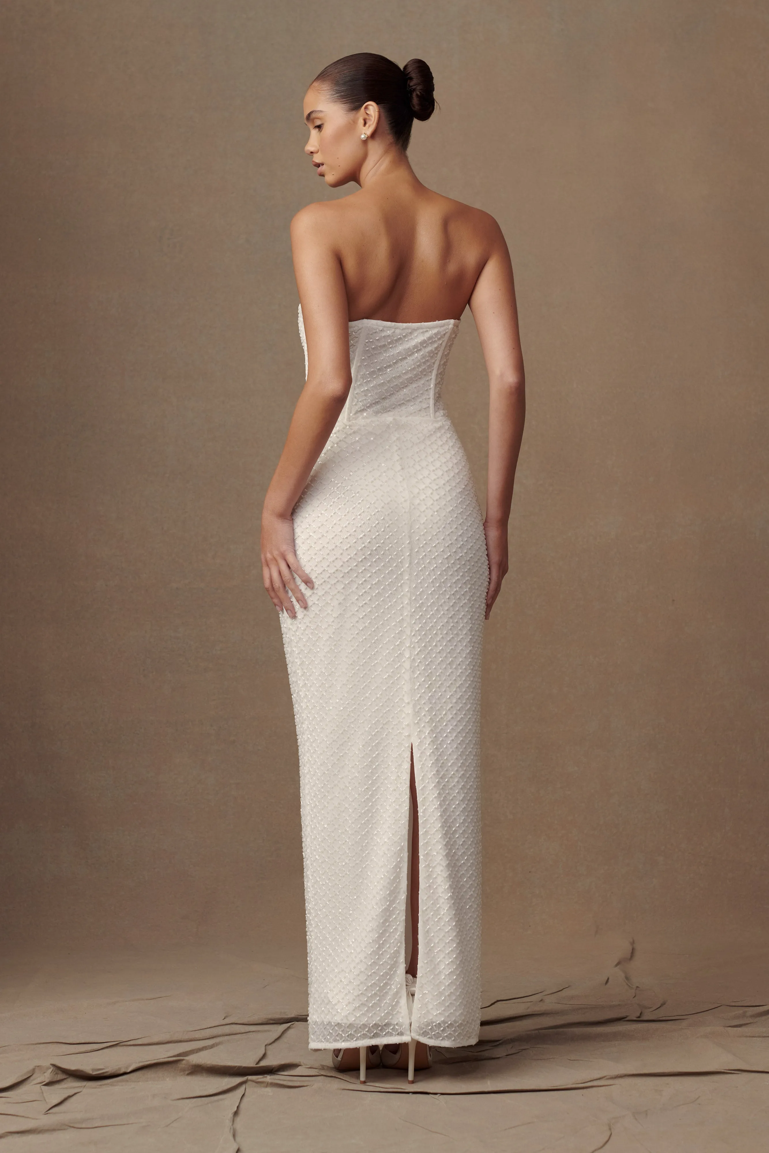 Gemma Strapless Sequin Maxi Dress - White Trendy wrap gown Modern and Stylish