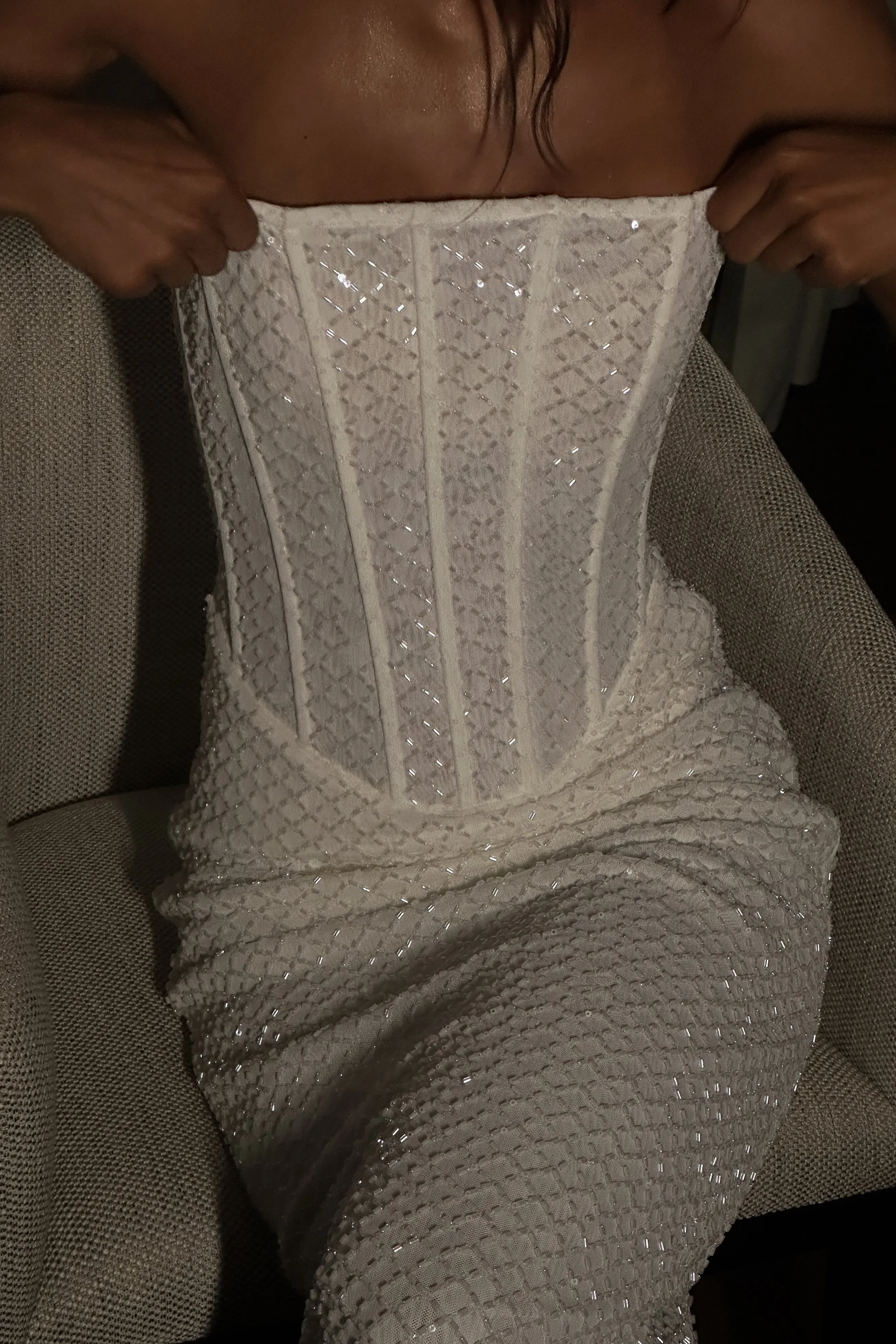 Gemma Strapless Sequin Maxi Dress - White Sharp Profile Flattering Silhouette Wear