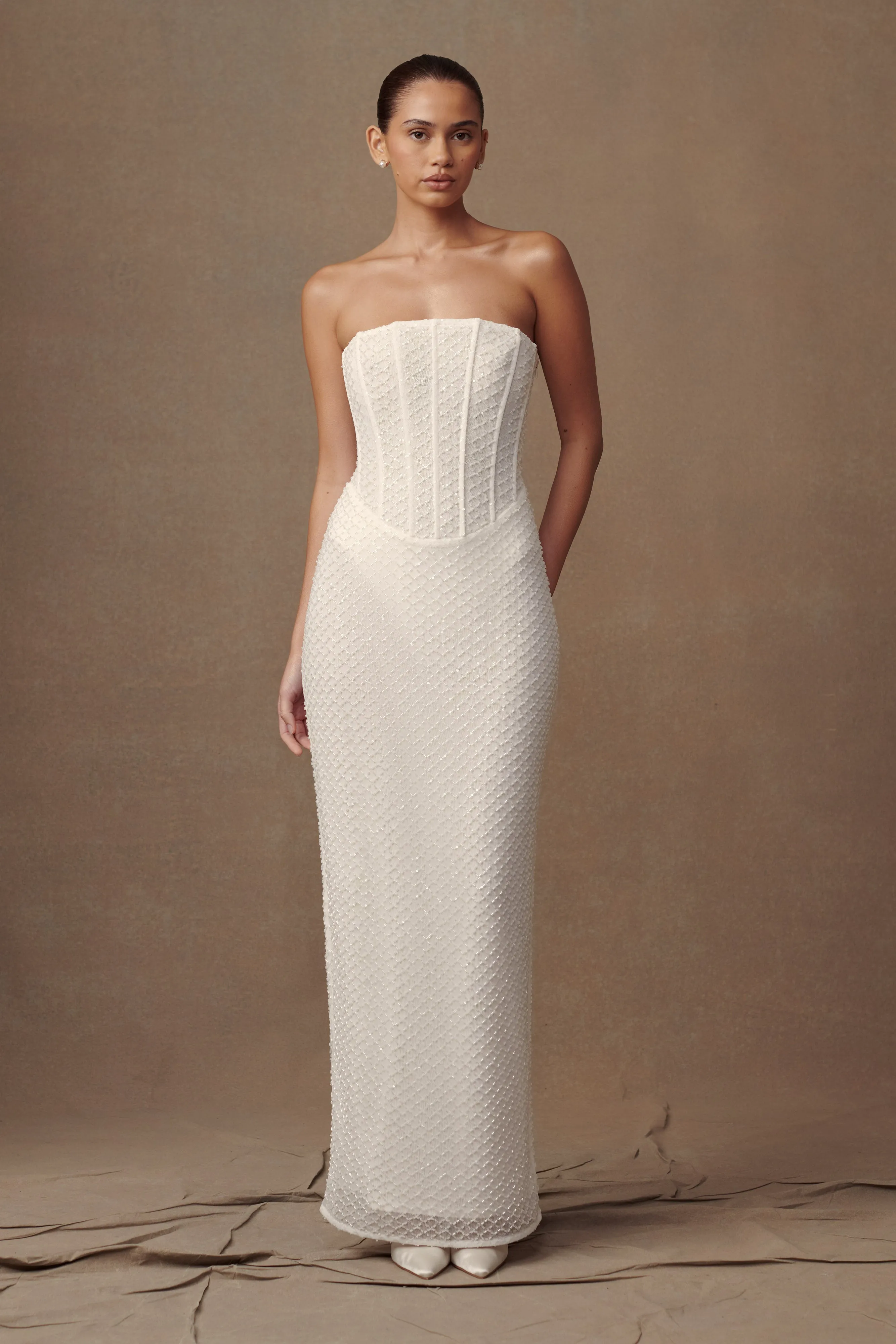 Tulle Flow Gemma Strapless Sequin Maxi Dress - White