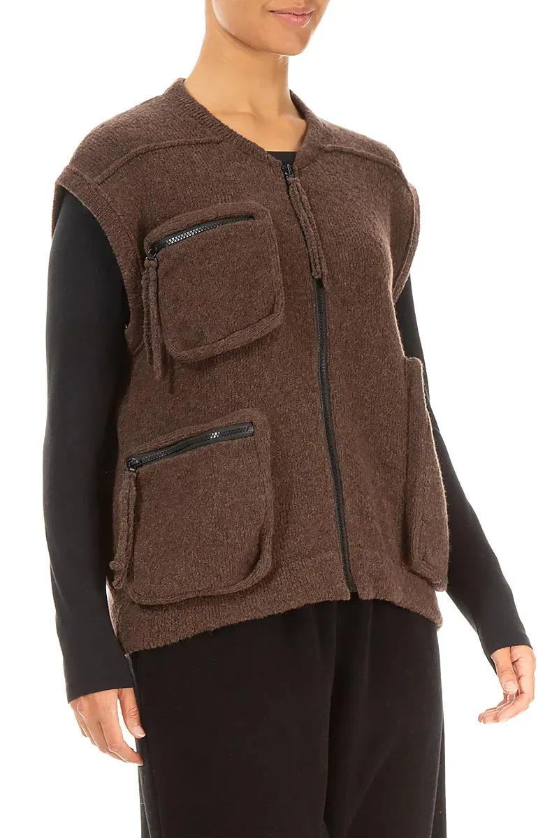 Ergonomic Sleeve Shaping Three Pockets Brown Wool Gilet